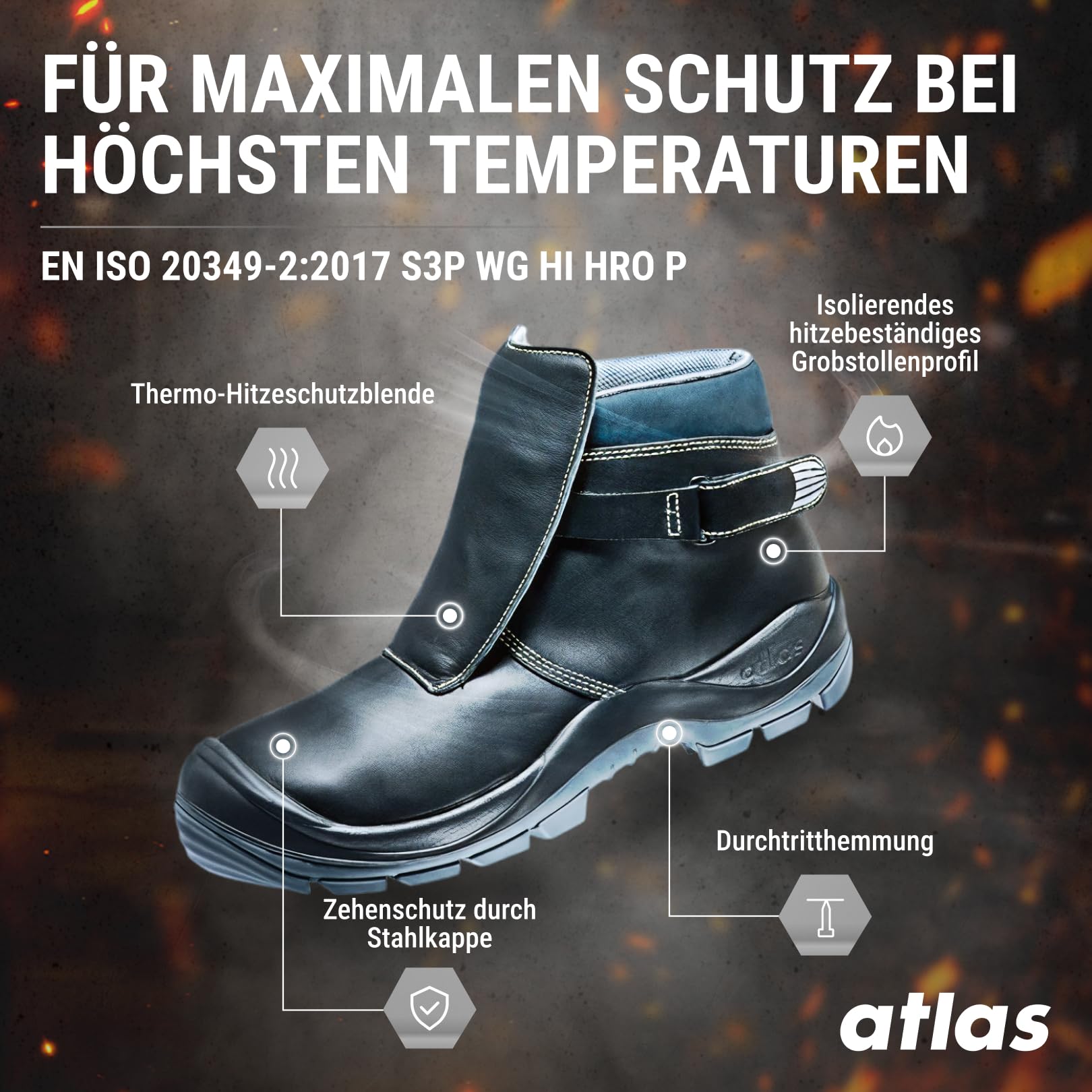 Atlas Duo Soft 765 Sicherheitschuhe Arbeitsschuhe für Herren und Damen S3 hitzebeständig, Nitrilsohle, Stahlkappe, Überkappe