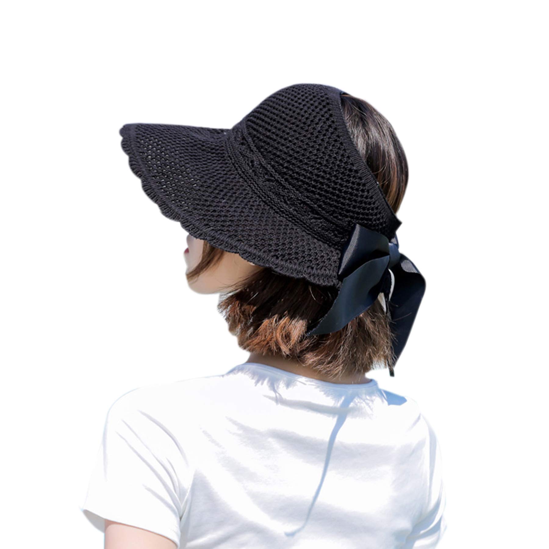 Elonglin Straw Sunhat Women Foldable Large Brim Summer Beach Outdoor Adjustable Sun Hat Ribbon Bow Anti-UV Protection (Black)