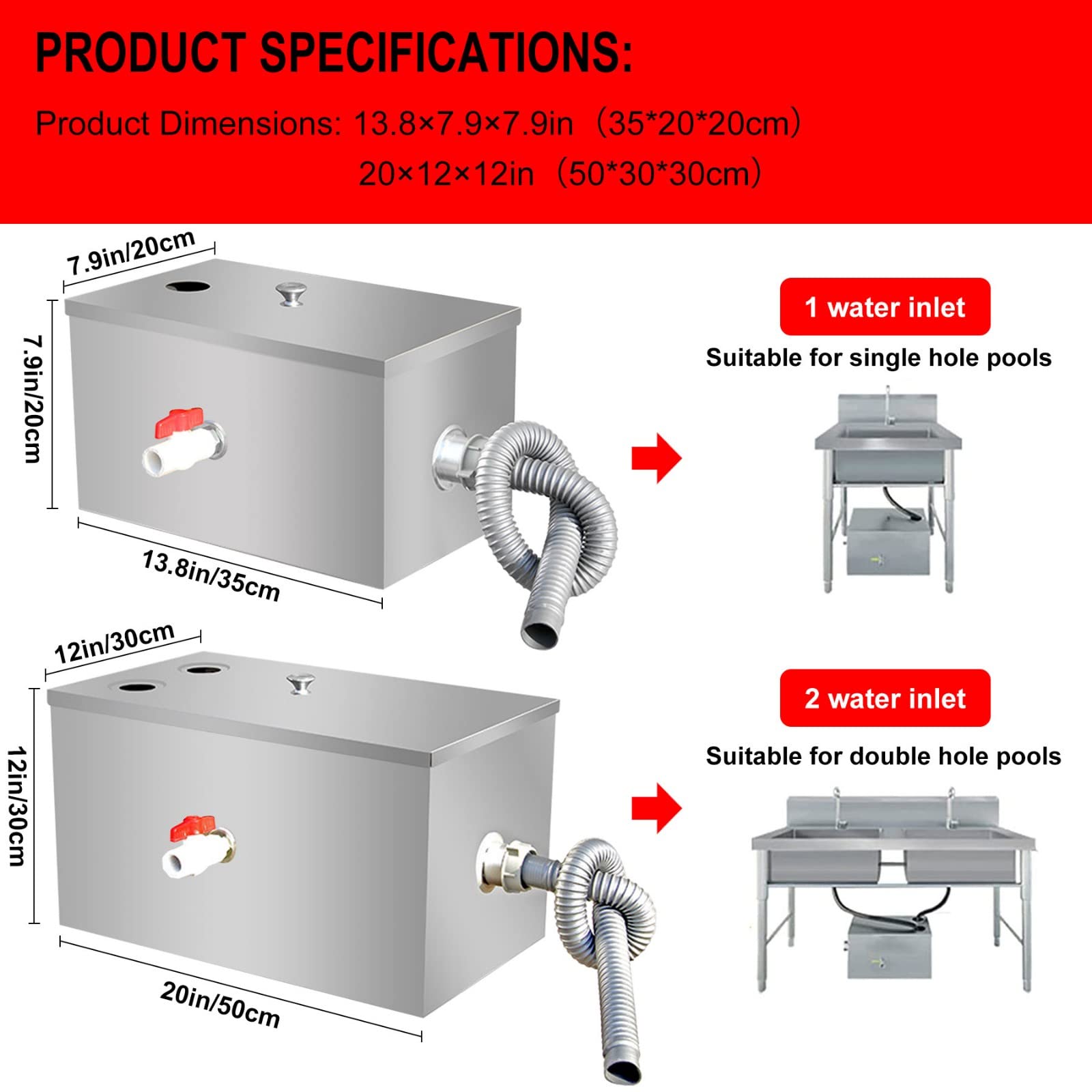 Separador de Grasas Bajo Fregadero, Trampa de Grasa para Cocina y Restaurante, Interceptor de Acero Inoxidable para Cocina y Restaurante, Fácil de Limpiar(Size:30 * 25 * 25cm)