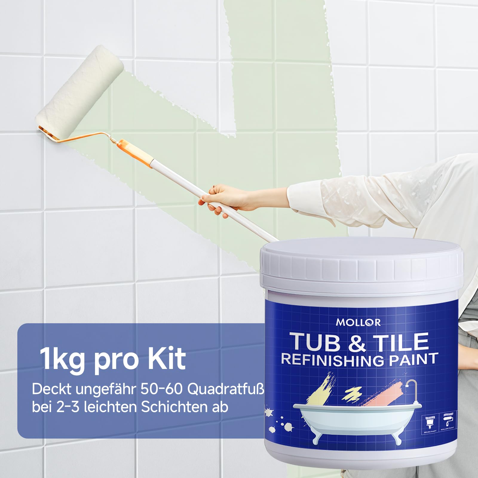 Badewannenlack Weiß 1kg, Fliesenfarbe Badezimmer Fliesenlack, Hochdeckende, wasserbeständige Badewannenfarbe, Badewannen Reparaturset weiß,ideal für Badewanne, Duschwanne und Waschbecken
