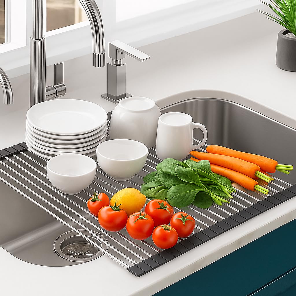 Foldable Over The Sink Dish Drying Rack – Large (46.5 x 46 cm) Stainless Steel Roll-Up Drainer for Kitchen Sink | Multipurpose Rack for Dishes, Vegetables, Utensils – Heat Resistant (Black)