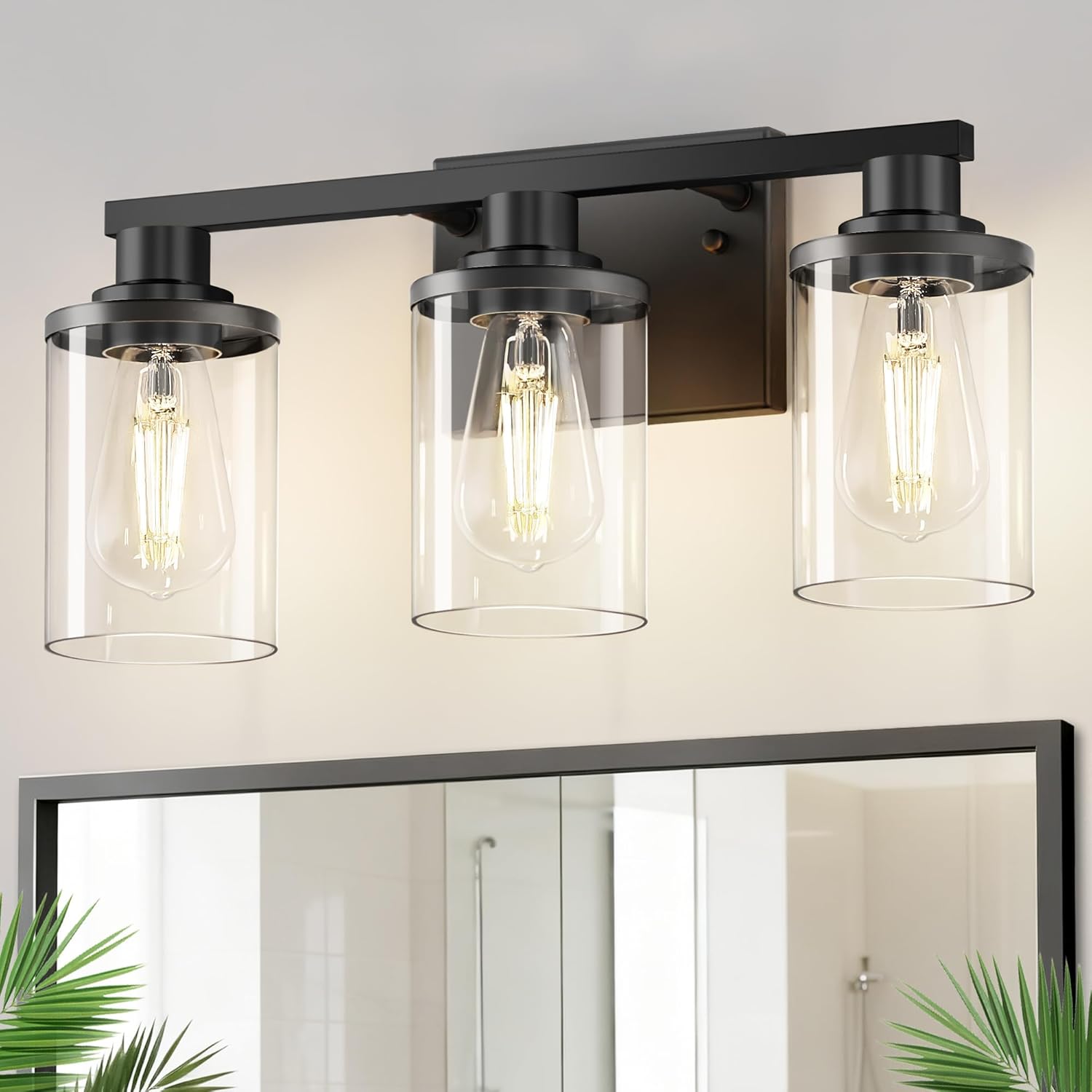 DORESshop 20 Inch Bathroom Light Fixtures, 3-Light Black Bathroom Lighting Fixtures Over Mirror with Clear Glass Shade, Vanity Lights for Bathroom Living Room Bedroom, ETL Listed