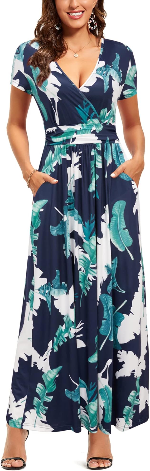 Women's Summer Spring Maxi Dress V Neck Short/Long Sleeve Ladies Casual Long Wrap Dress with Pockets