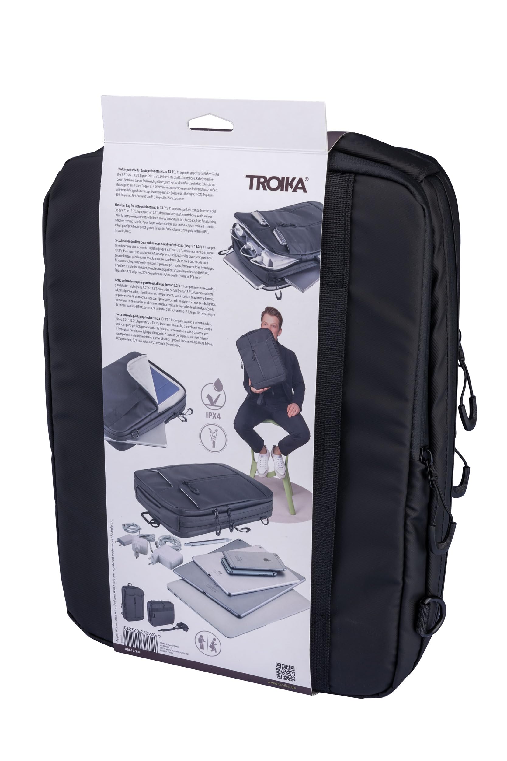Troika Black Bag to Business - BBL63/BK - A Bolso de bandolera para portátiles/tabletas – 11 compartimentos separados y acolchados – se puede convertir en mochila – tarpaulin (Iona) – negro