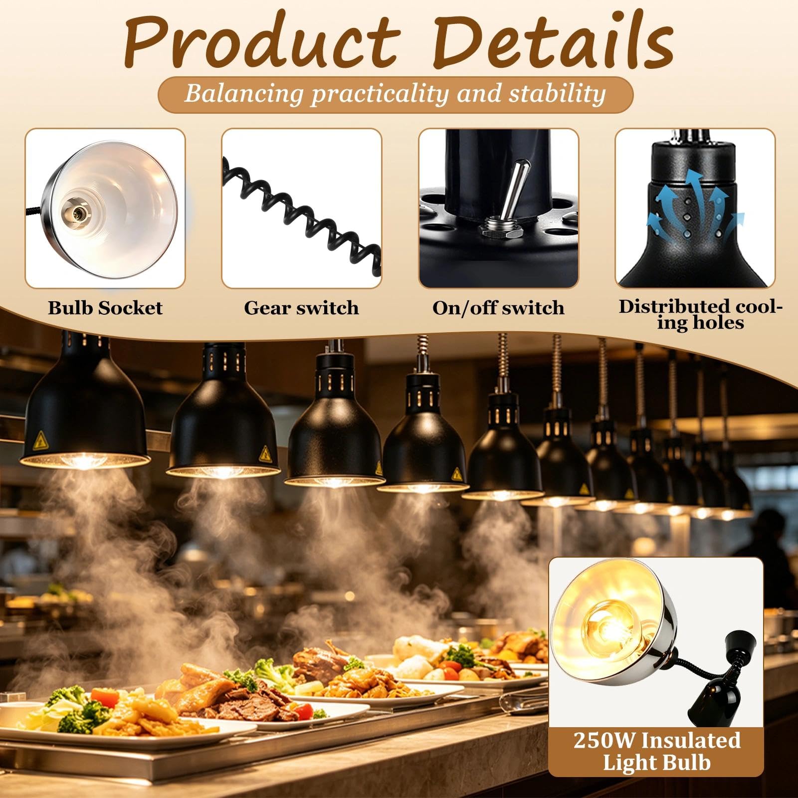Sospese Lampade Riscaldanti per Cucina, 250W 220V (D-19cm,5 pezzi) | Lampada Scalda Vivande Buffet, Lampada Infrarossi Riscaldante per Alimenti, Acciaio Inossidabile, Altezza Regolabile 60-180cm