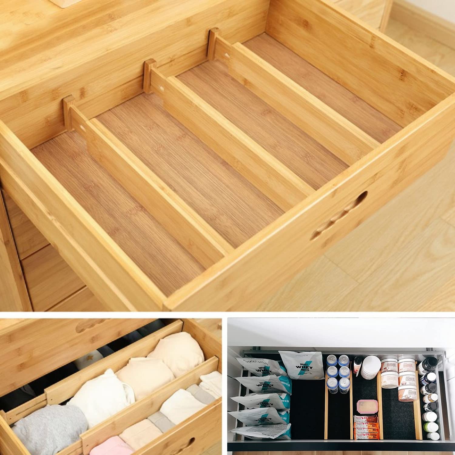Separatori per Cassetti, Divisori per Cassetto in Bambù Naturale, Regolabili (43-56 cm), con Molla, Separatore Cassetto per Cucina, Bagno, Camera da Letto, Comò e Ufficio, Set da 4
