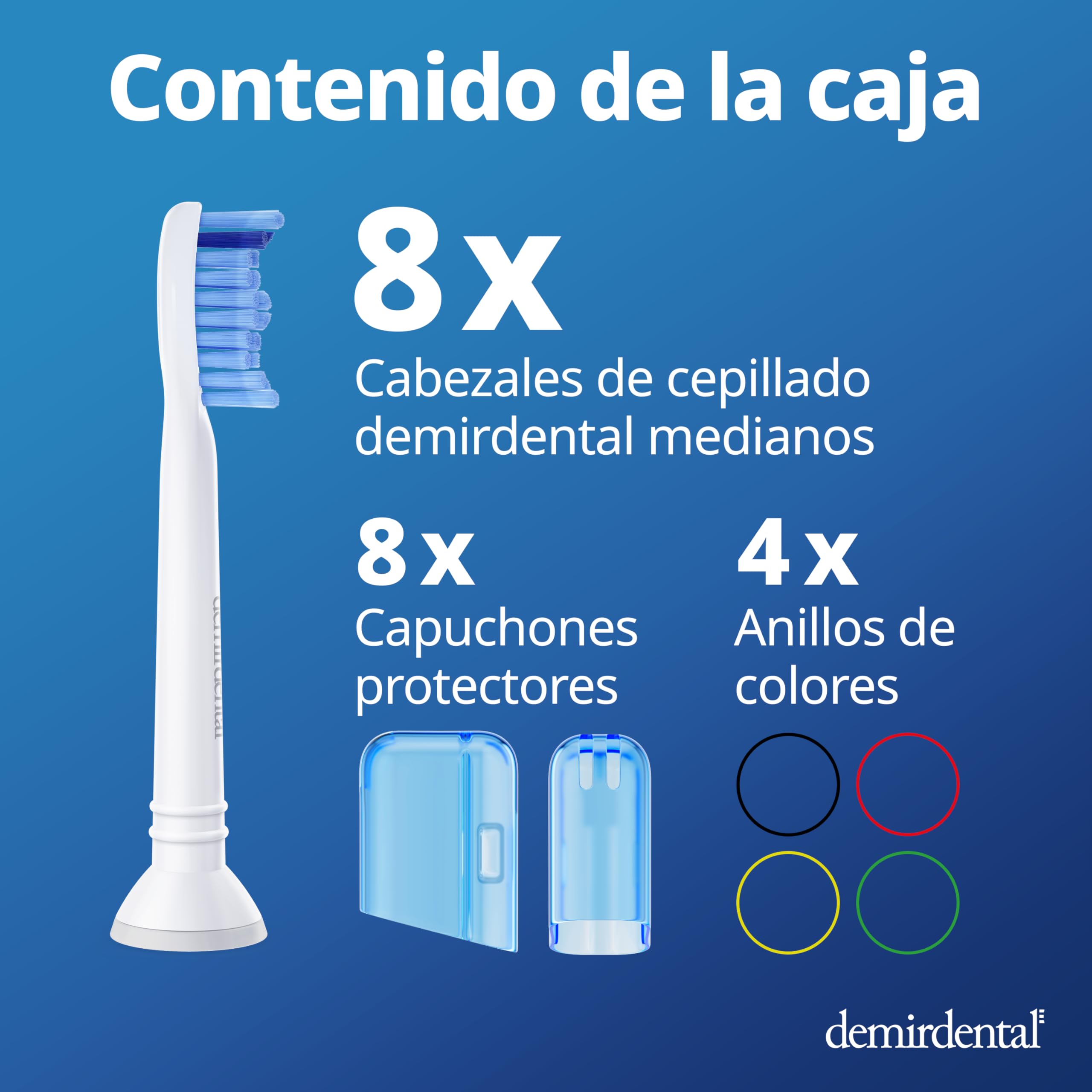 Pack con 8 cabezales demirdental compatibles con los recambios de Philips Sonicare, cepillos de dureza media, corresponde a HX6018