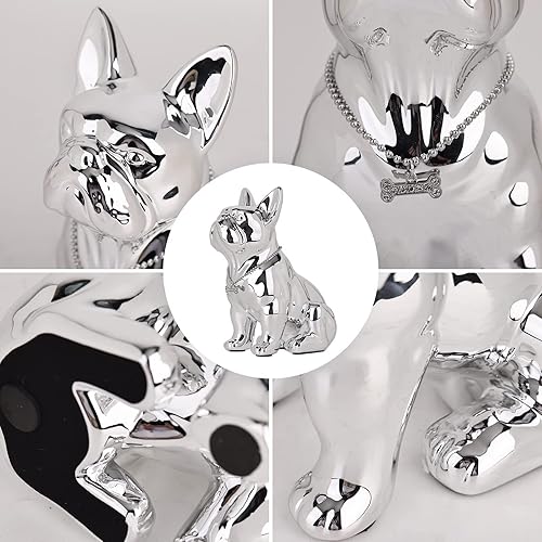 Miniatura 77 de Estatua de bulldog francés sentado de 9 a 12 pulgadas, escultura de animal de perro con collar de plata, collar de plata, mesa de café, cocina