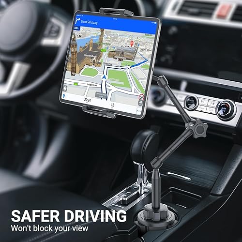 Miniatura 5 de Soporte para tablet de automóvil para portavasos de metal, brazo largo de 360, rotación de 360, para caminadora de golf, funda de grosor de ajuste
