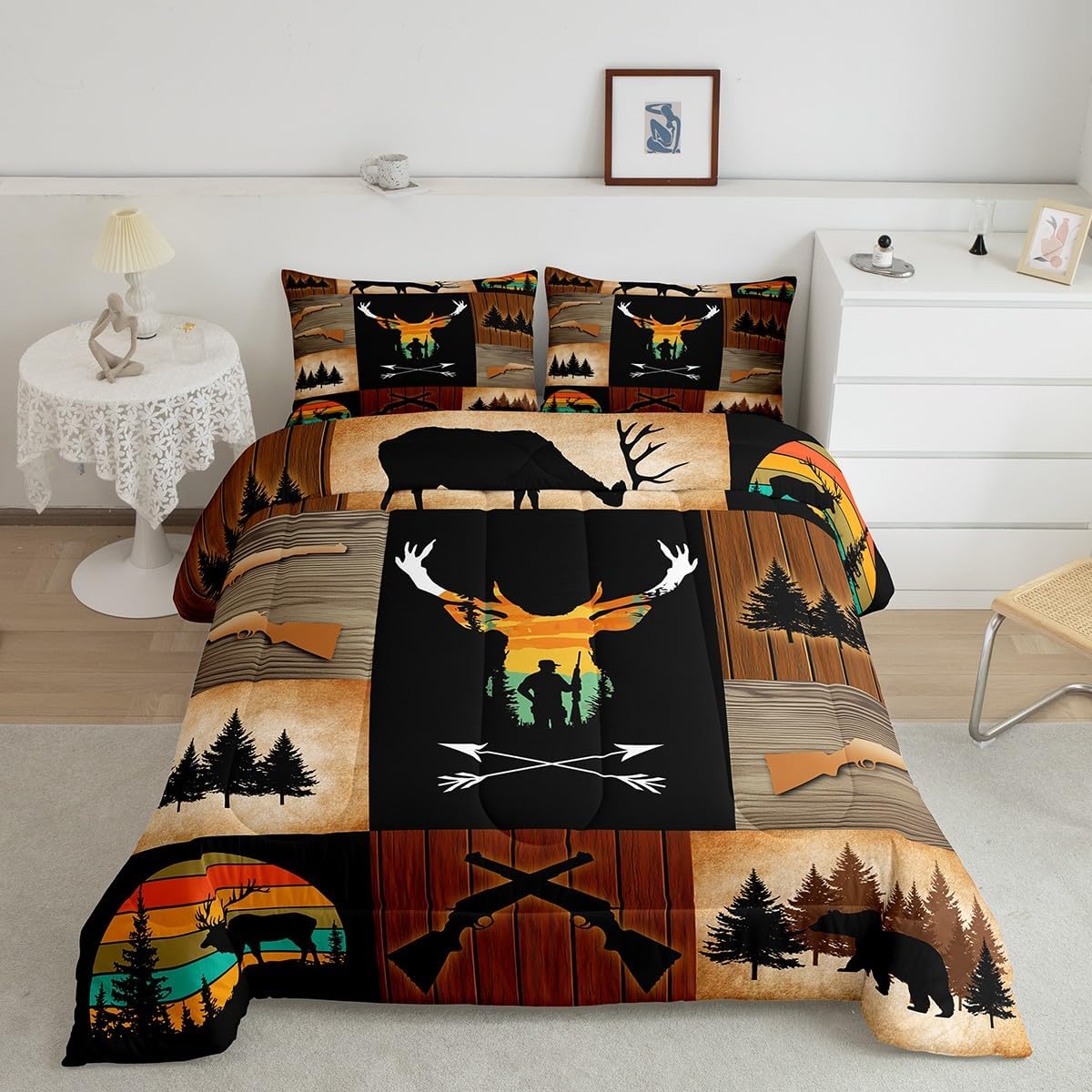Feelyou Deer Hunting Comforter Set for Kids Boys Girls,Queen Size,Wildlife Deer Bear Wolf Bedding Set,Wild Animal Plaid Design Duvet Quilt,Western Farmhouse Comforter,Wooden Board Bedroom Decor