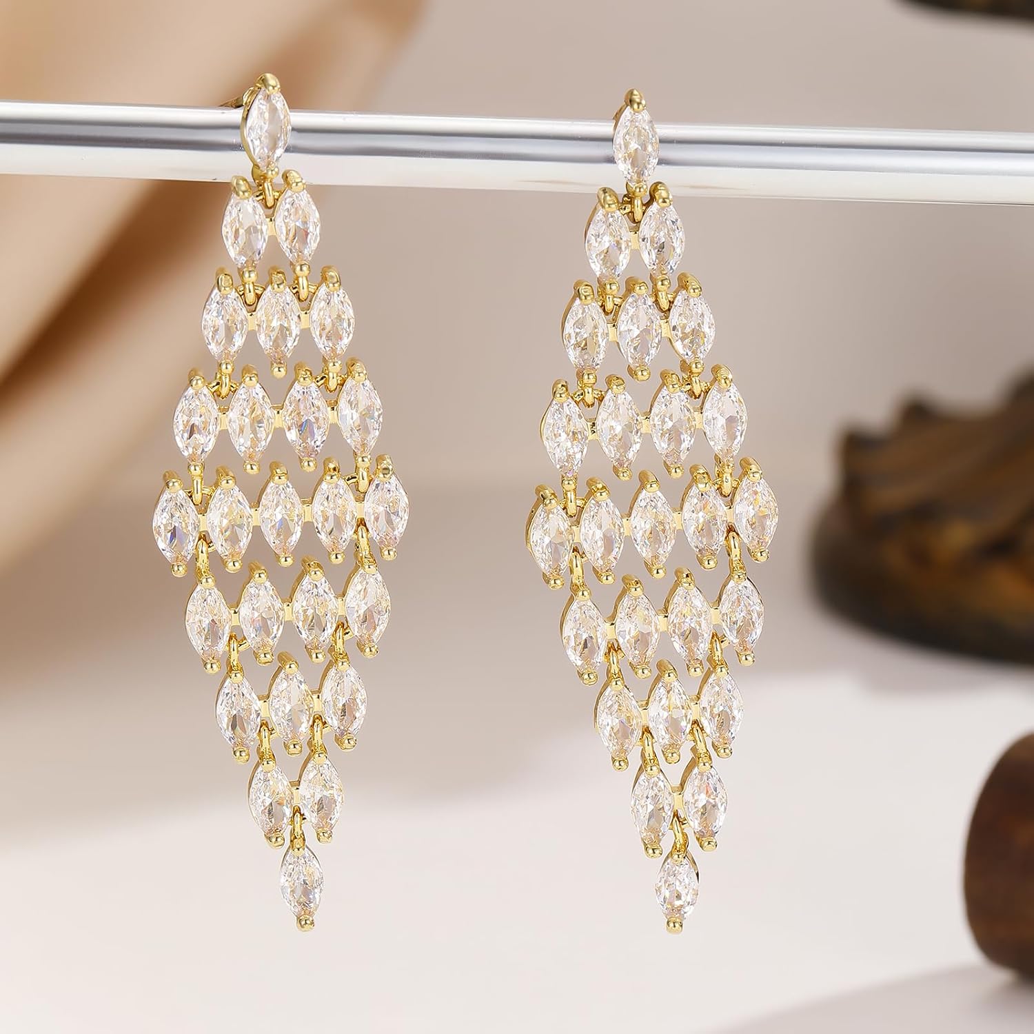 14K Gold-Plated Dangle Design-Wedding Bride Women Long Tassel Link Fringe Dangly Earrings,Lightweight Hyopallergenic Earring - Image 4