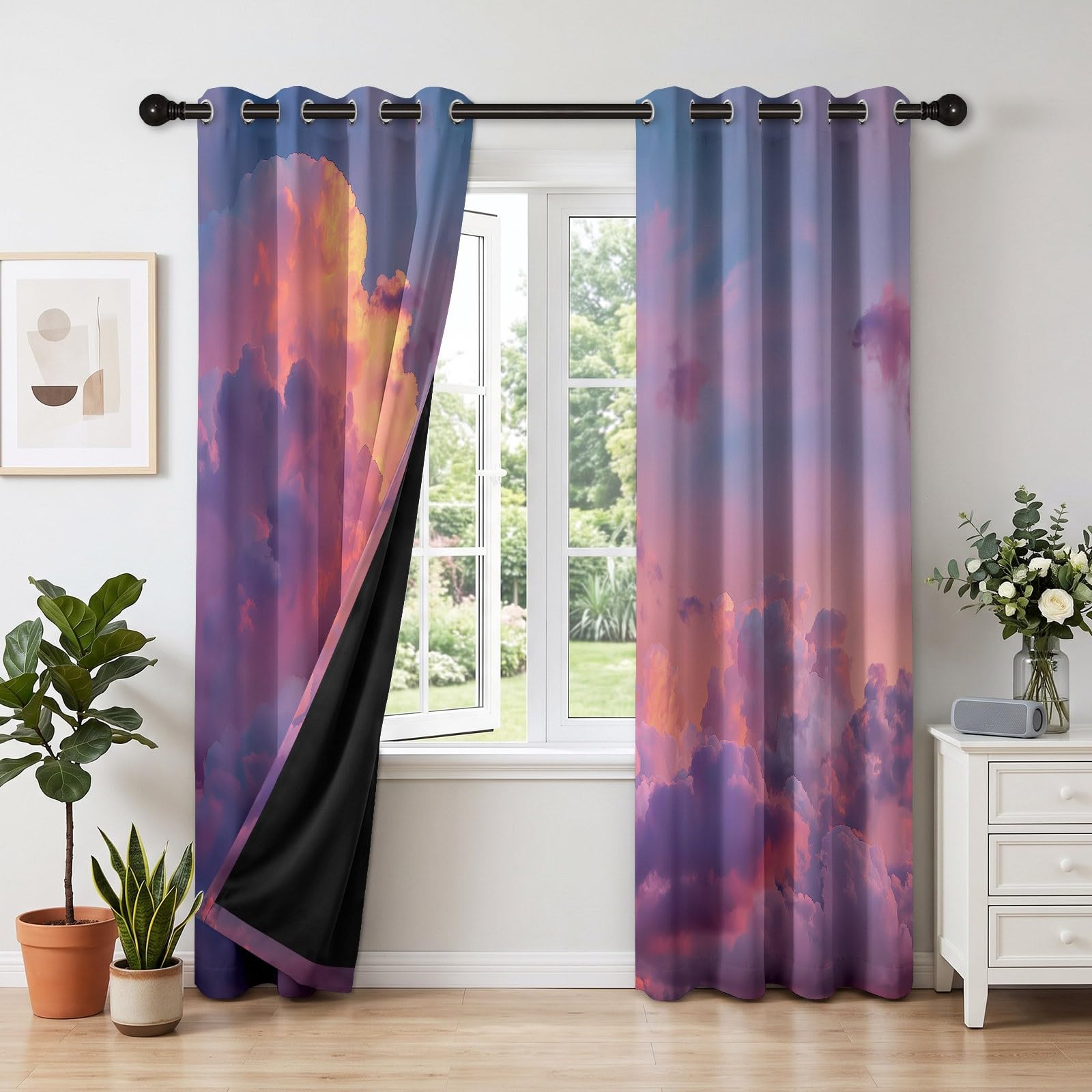 Photographie Nature Ciel Nuages Rideau Thermique Isolant Anti Froid 2 Pièces Rideaux 110 x 215 cm, Occultants & Isolation Thermique pour Salon/Chambre - Décoration Intérieure avec Œillets, Rose