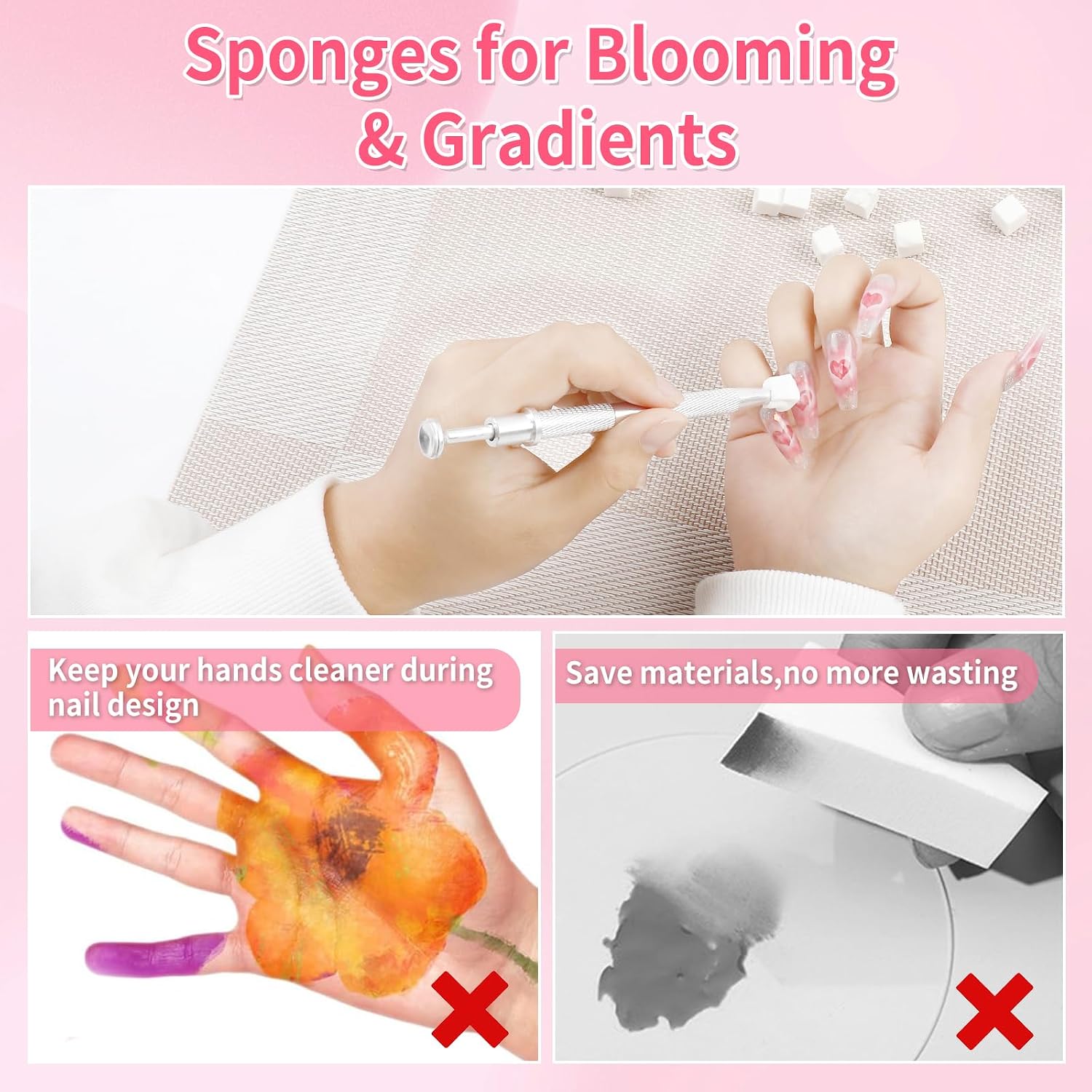 BQAN Nail Art Sponges 100Pcs with Grabbing Pen for Ombre & Aura Nails | Gradient Blending | Color Transition | Grabbing Pen | Soft Sponges | Smooth Color Blending | Nail Supplies | Home & Salon