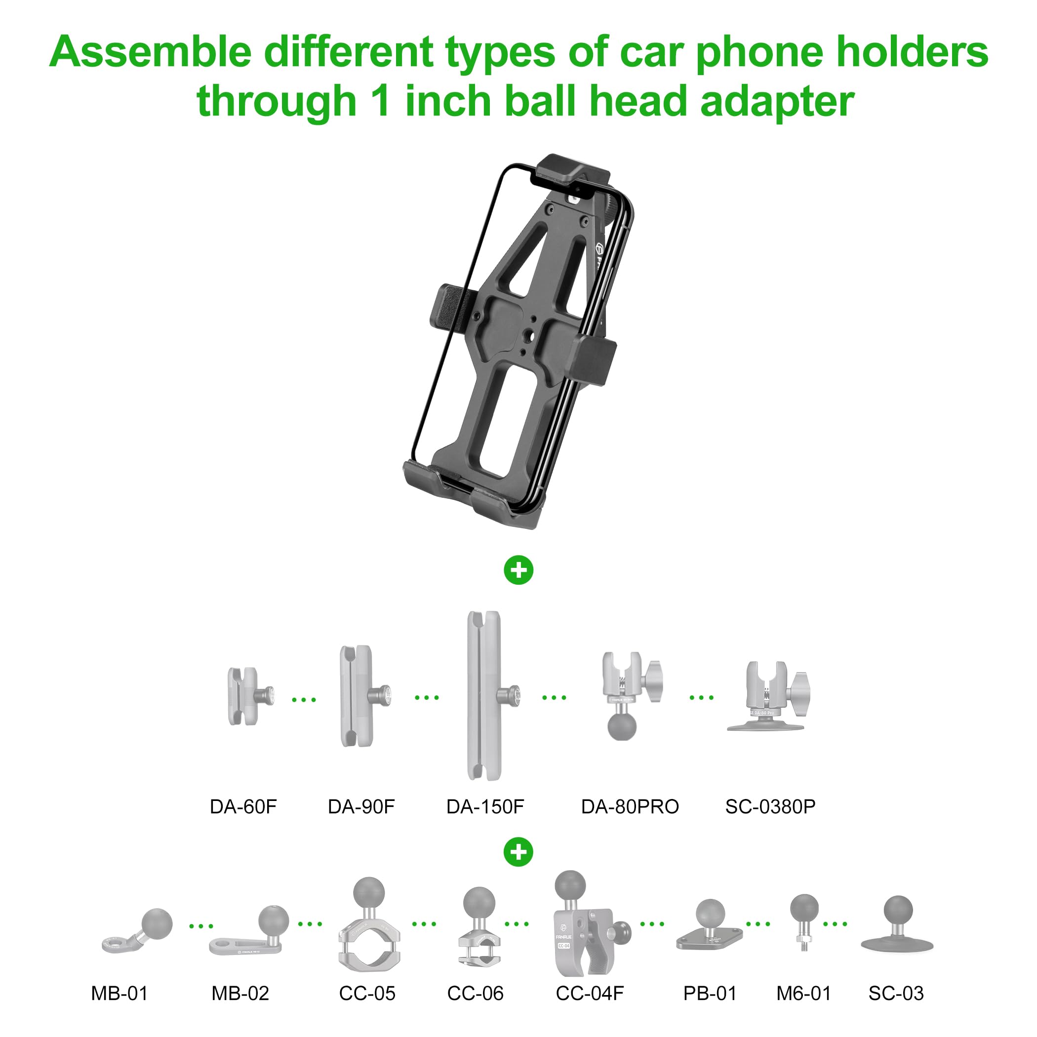 FANAUE Supporto per cellulare con testa a sfera da 1 pollici, compatibile con RAM Mount B, braccio a doppia presa e supporto per telefono da 5,5 – 7", pulsante anti-allentamento, doppia protezione.