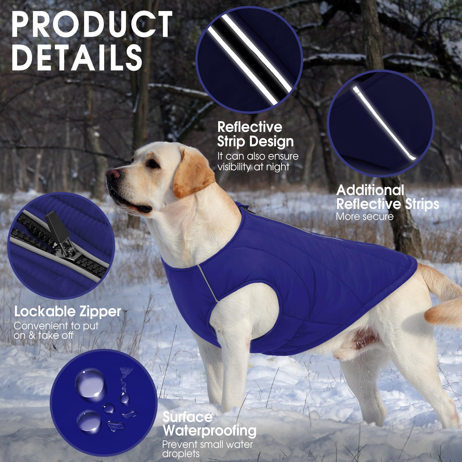 CITÉTOILE Veste Chaude pour Chien – Manteau Hiver Nylon Rembourré, Bandes Réfléchissantes et Fermeture Éclair – Design Classique Imperméable pour Temps Froid Bleu XXL