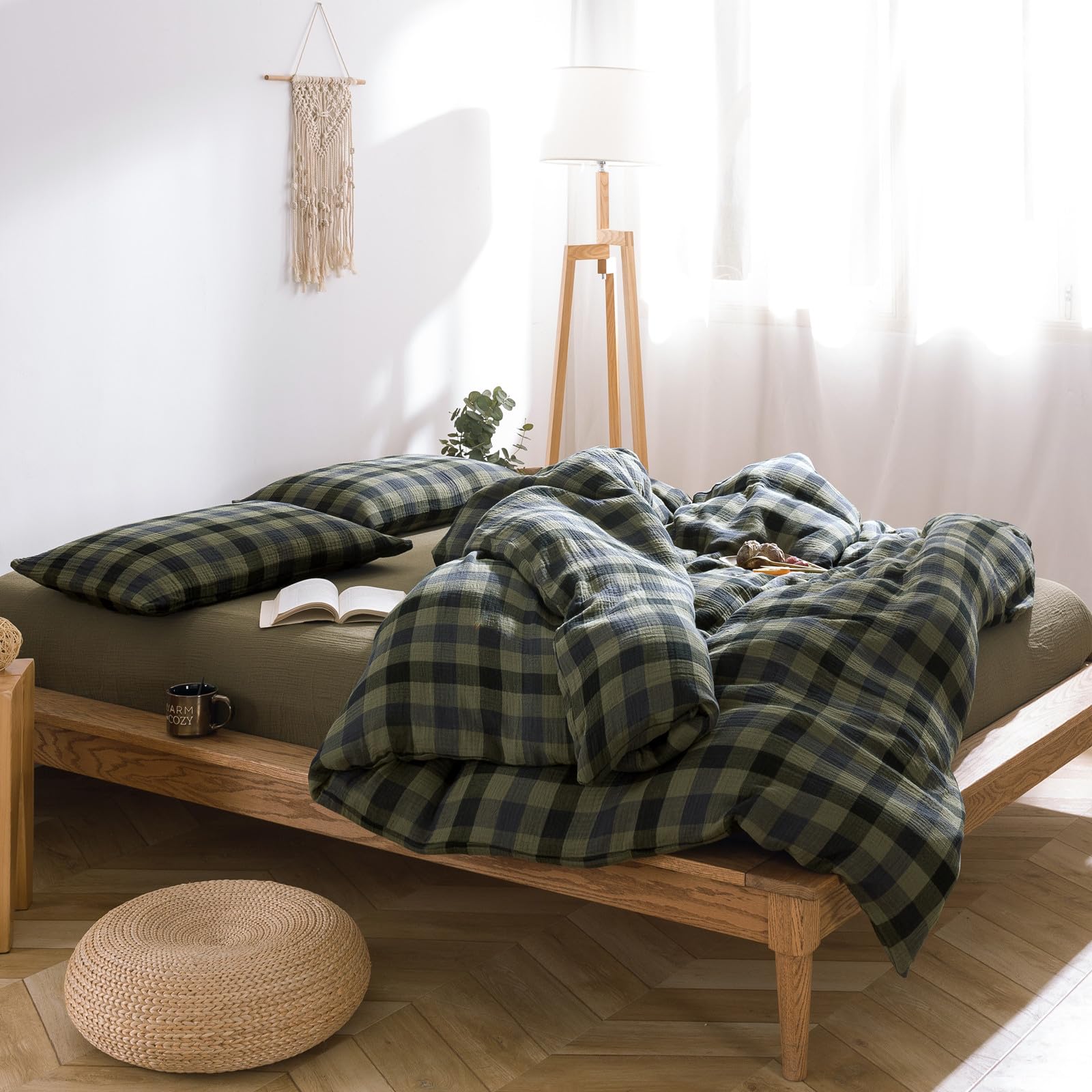 Gingham Duvet Cover Set Linen Cotton,Queen(90"x90"),Gauze - Green/Navy