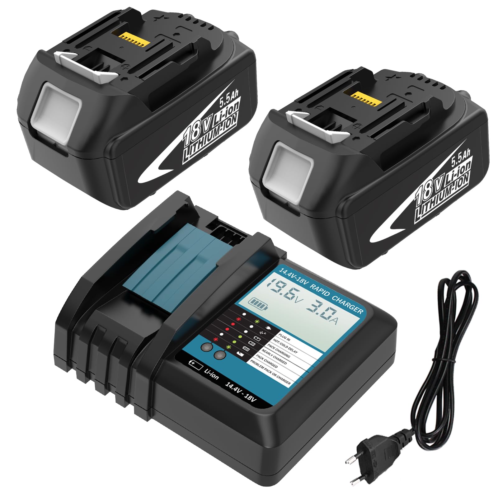 2X BL1860B Ricambio per Makita Batteria 18V 5,5Ah + Caricatore DC18RF BL1850B BL1840B BL1830B BL1820B BL1815N BL1890 con indicatore LED