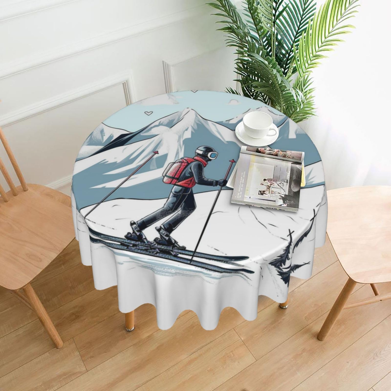 FodPand Skiing Theme Tablecloths for Round Tables 60 Inch - Reusable Washable Dining Table Clothes - Stain and Wrinkle Resistant Decorative Fabric Table Cover for Wedding Party