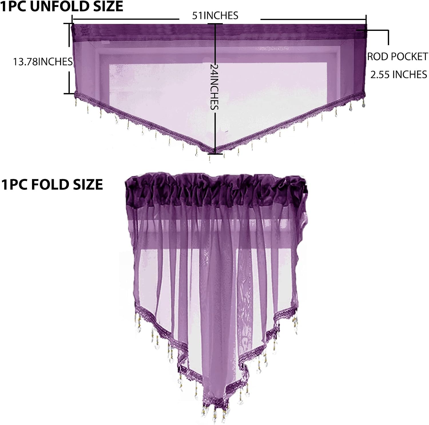 Beaded Sheer Valance Curtains for Living Room,Rod Pocket Farmhouse Window Valance, Bead Trim Tassel Voile Sheer Curtain Valance for Bedroom Bathroom Cafe 51x24 Inches (Dark Purple) 1PC