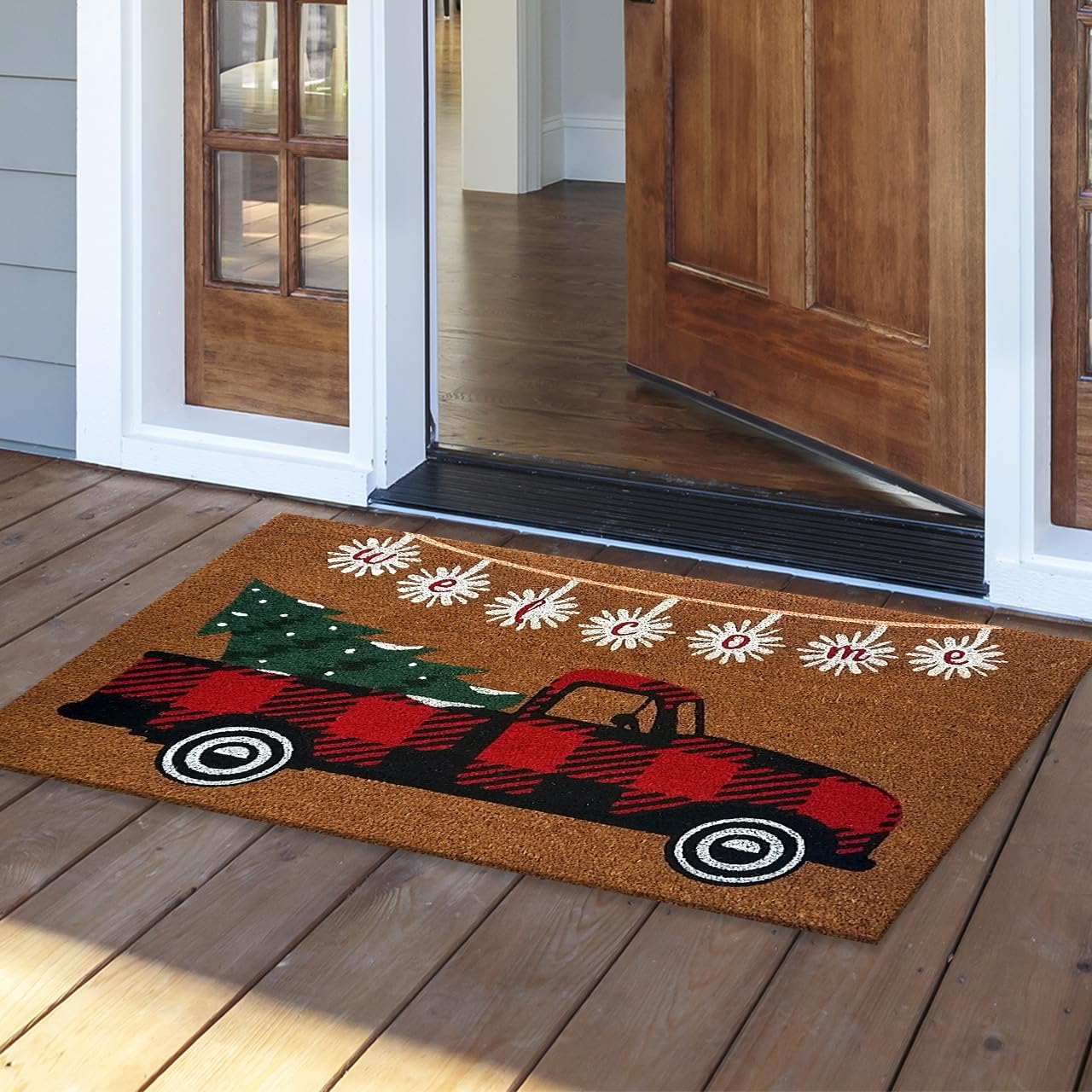 Briarwood Lane Red Checkered Truck Medium Coir Doormat 24 x 36