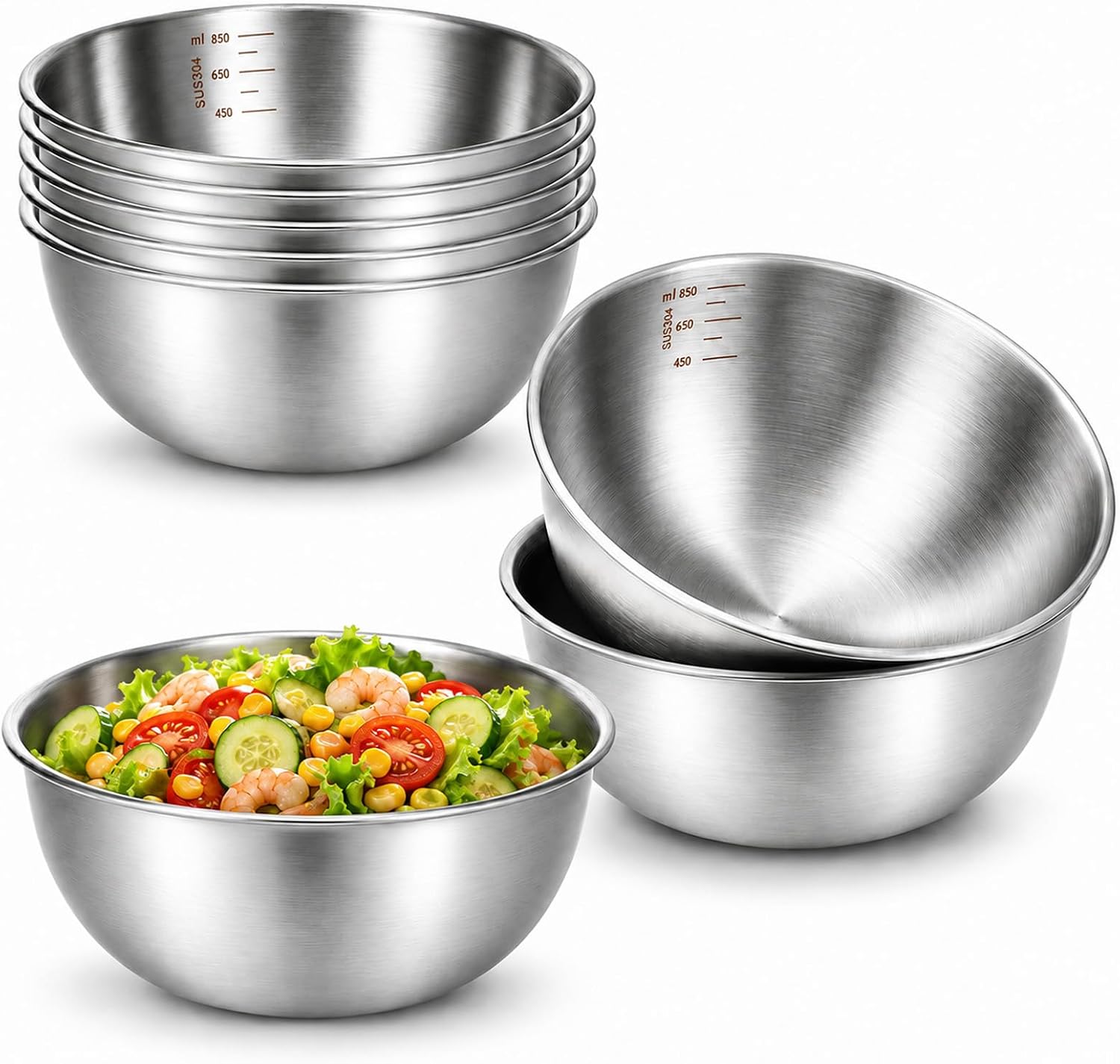 8 Pcs 304 Stainless Steel Mixing Bowls with Graduation, 28oz Salad Bowl