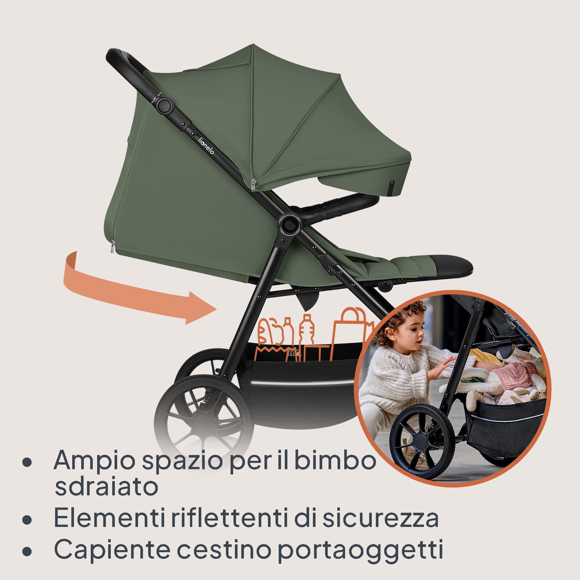 LIONELO Iva Passeggino Leggero e Compatto per Bambini da 6 Mesi a 4 Anni | Fino a 22 kg, Ruote Girevoli 360° con Sospensione, Schienale e Poggiapiedi Regolabili, Cappottina XXL UPF50+, Tessuto Premium
