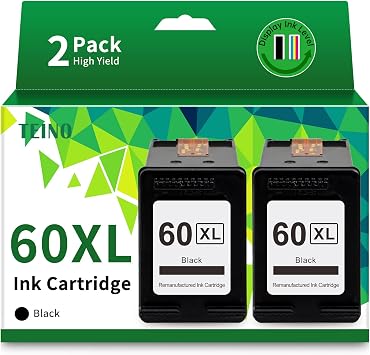 TEINO Remanufactured 60XL Black Ink Cartridge Replacement for HP Ink 60 | Works with PhotoSmart C4680 C4780 C4795 C4640 D110 DeskJet F4480 F4440 F2430 F4280 Envy 100 110 120 Black 2-Pack