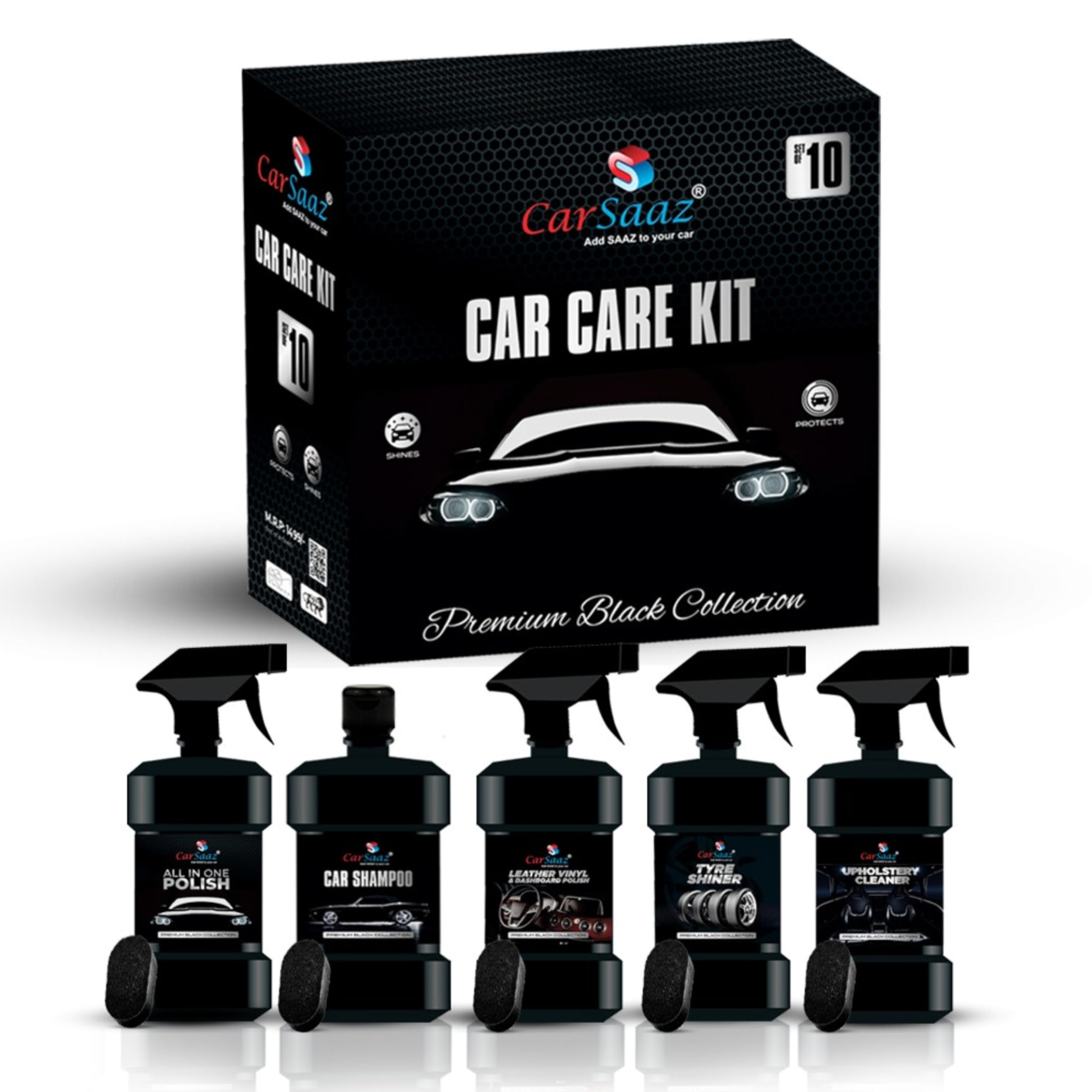CAR SAAZ Car Care Kit (Pack of 10 Pcs) | Includes: All in One Polish, Dashboard Polish, Upholstery Cleaner, Car Shampoo, Tyre Shiner (200ml Each) with 5 Applicators | Car Polish Kit | Clean & Protects