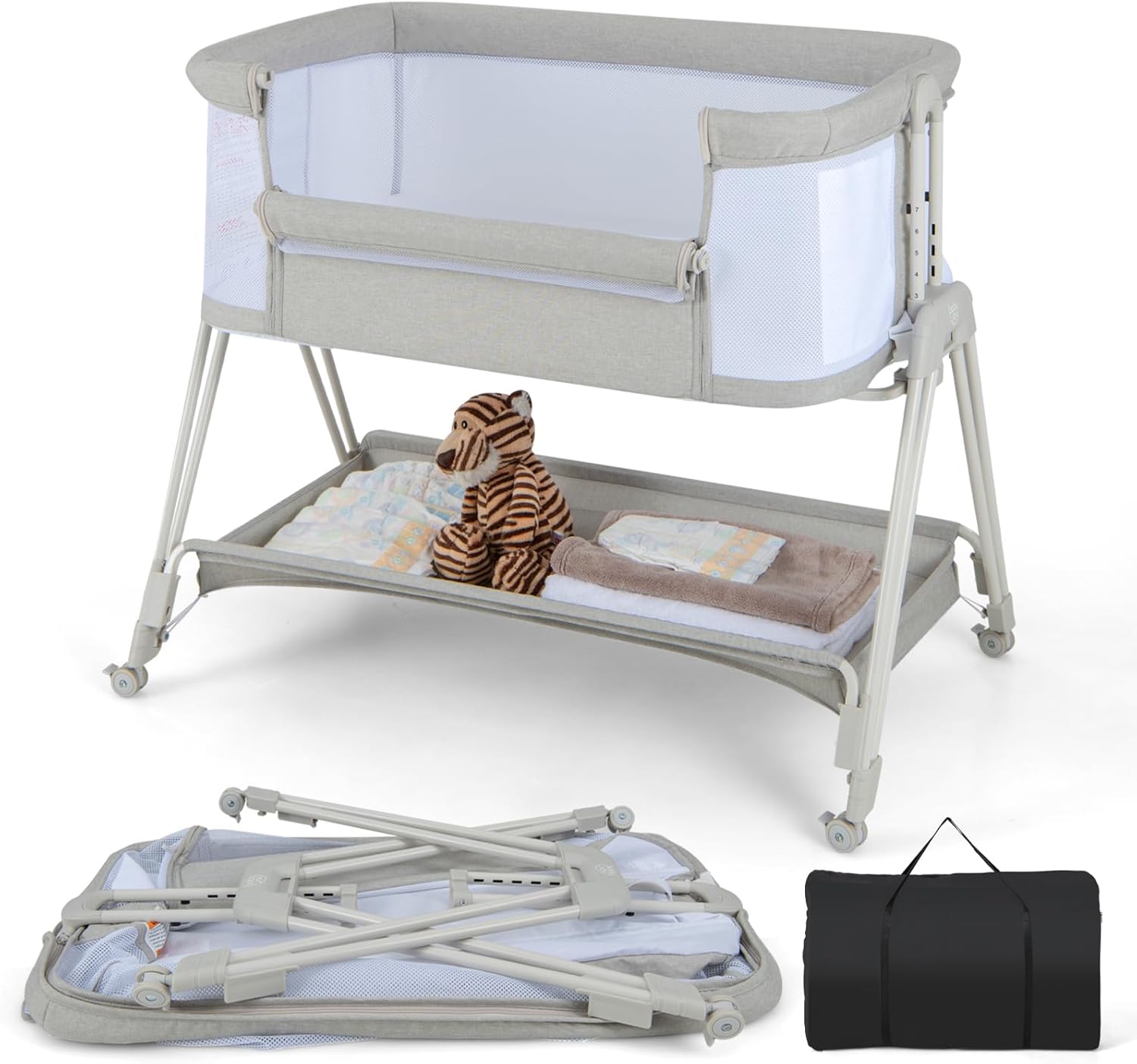 HONEY JOY Baby Bassinet, Folding Portable Bassinet with Comfy Mattress & Storage Basket, 7-Level Adjustable Height Co Sleeping, Bedside Bassinet for Baby with Removable Crib for Newborn Infant