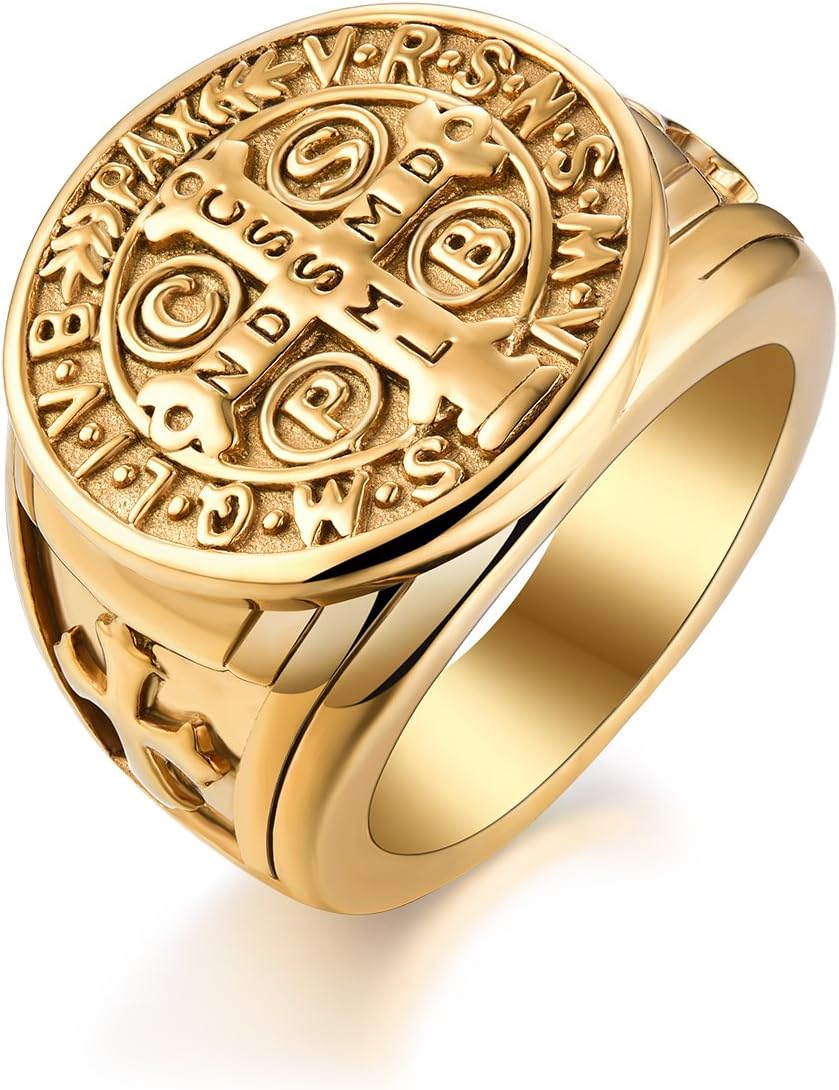 LAOYOU Men's St Benedict Exorcism Ring Stainless Steel Catholic Roman Cross Protection Christmas
