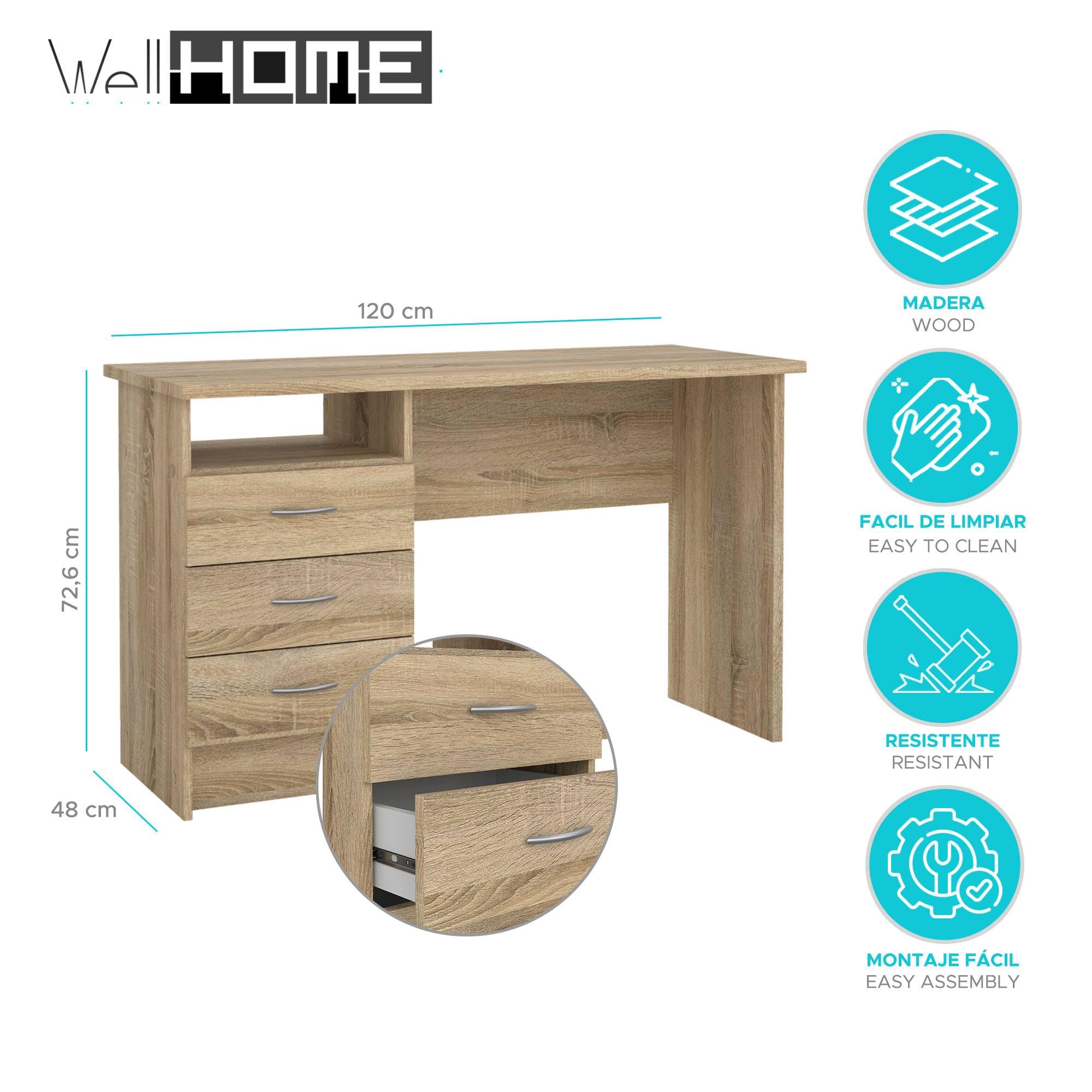 Mesa Escritorio para Ordenador Duero Oak con 3 Cajones en Color Roble 121 x 49 x 73 cm
