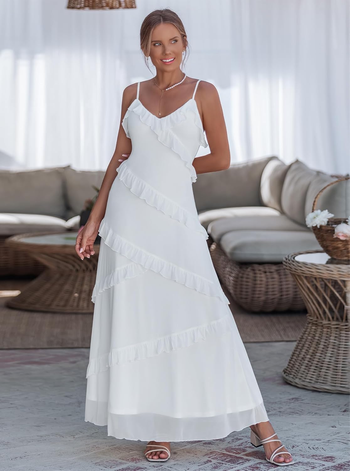 Women's Ruffle Tiered Wedding Guest Dresses Cami Mesh Maxi Dress Gown Cocktail Party Club Casual Summer Sundresses