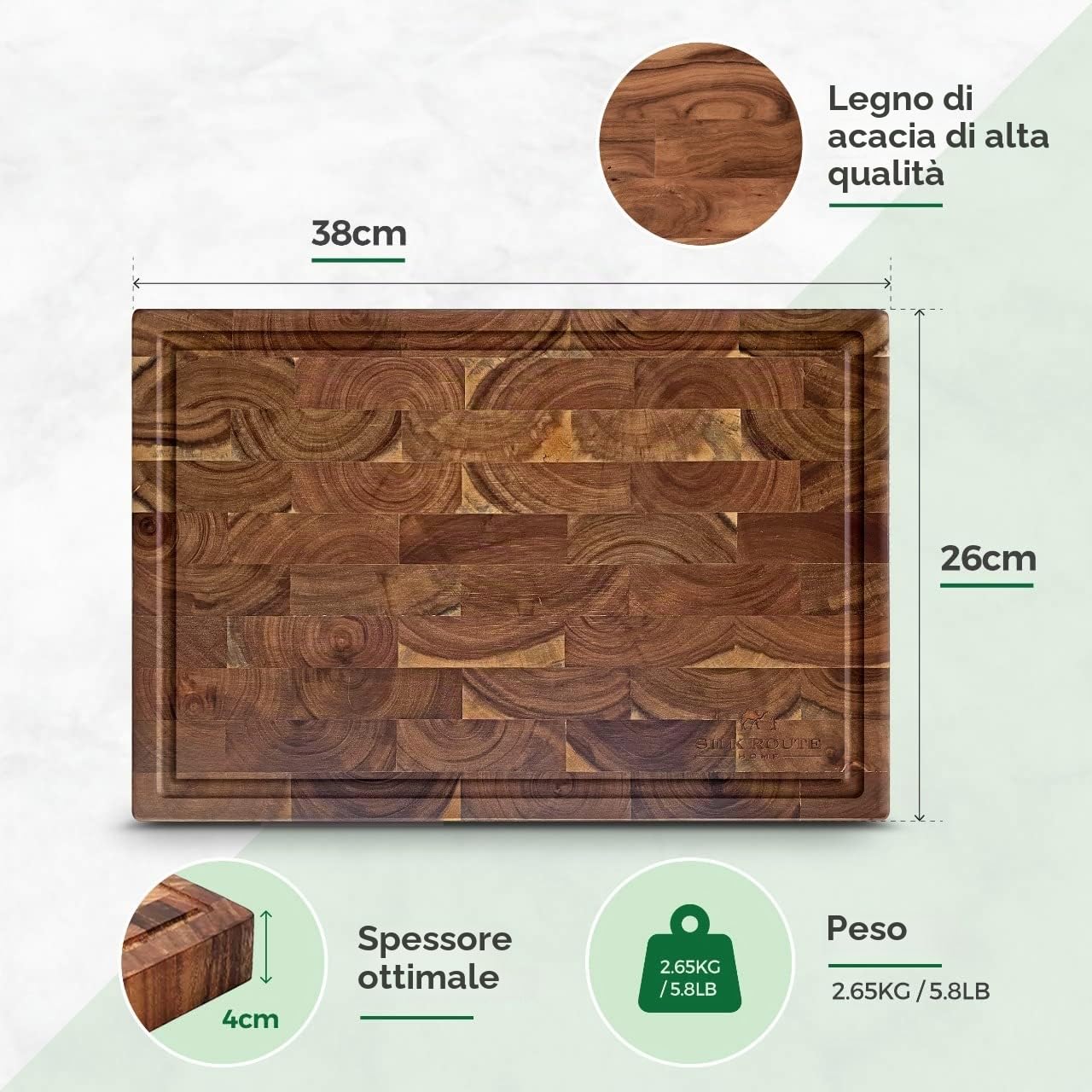Silk Route Home Premium - Tagliere da macellaio in legno di acacia, 38 x 26 x 4 cm, adatto ai coltelli, salvagoccia e scanalature per le dita, tagliere/tagliere resistente