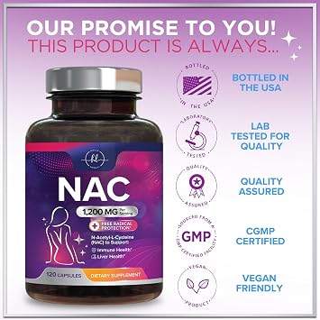NAC Supplement - 1200mg per Serving N-Acetyl-L-Cysteine Optimal Absorption Immune Support with Powerful Antioxidants - Respiratory & Liver Health Support - Gluten Free, Bottled in USA - 120 Capsules