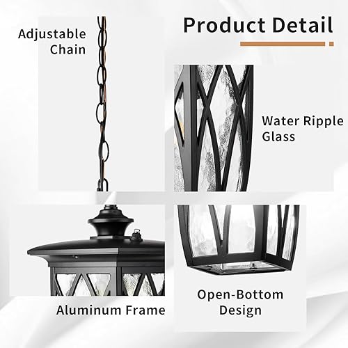 Miniatura 3 de JYZ Linterna colgante para exteriores del atardecer al amanecer, 12 pulgadas, estilo artesano, luz colgante exterior con vidrio ondulado de agua,
