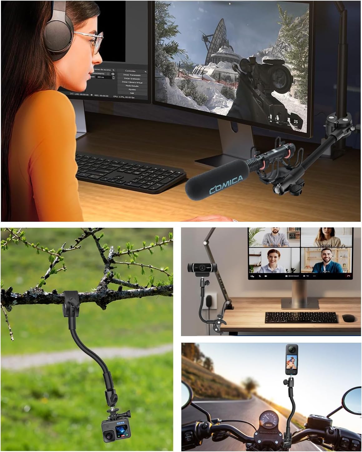 Gooseneck Clamp Camera Mount with 1/4“ 3/8" 5/8" Screw, Go Pro Mounts for Handlebar, Desk, Tube, Cross Bar, Compatible with GoPro Hero 13/Baby Monitor/Logitech Webcam/Insta 360/Field Monitor
