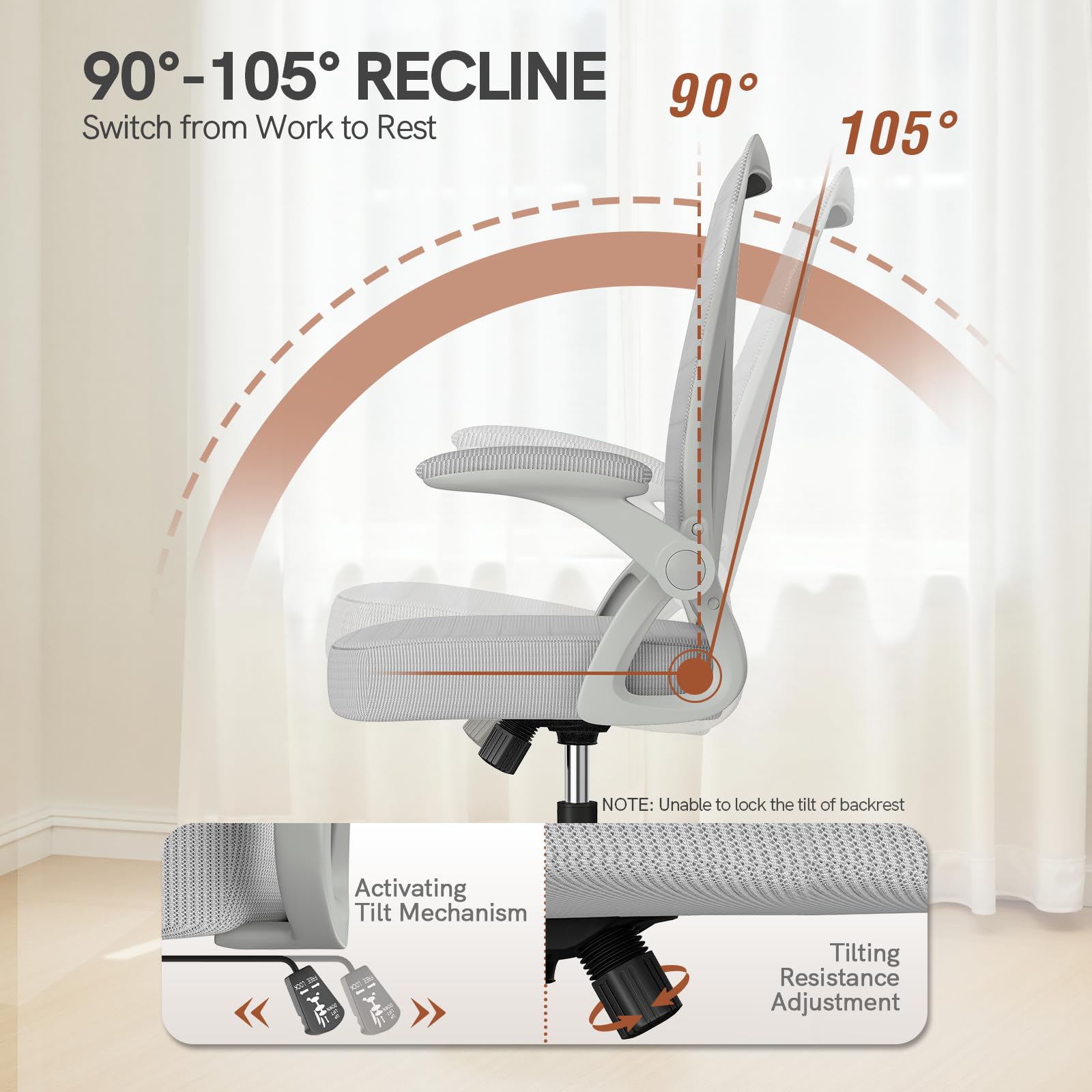 Silla de oficina ergonómica con reposabrazos abatibles de 90° y soporte lumbar, cojín de asiento de esponja de alta densidad, con elevación de gas (capacidad de 150 kg) y respaldo de malla