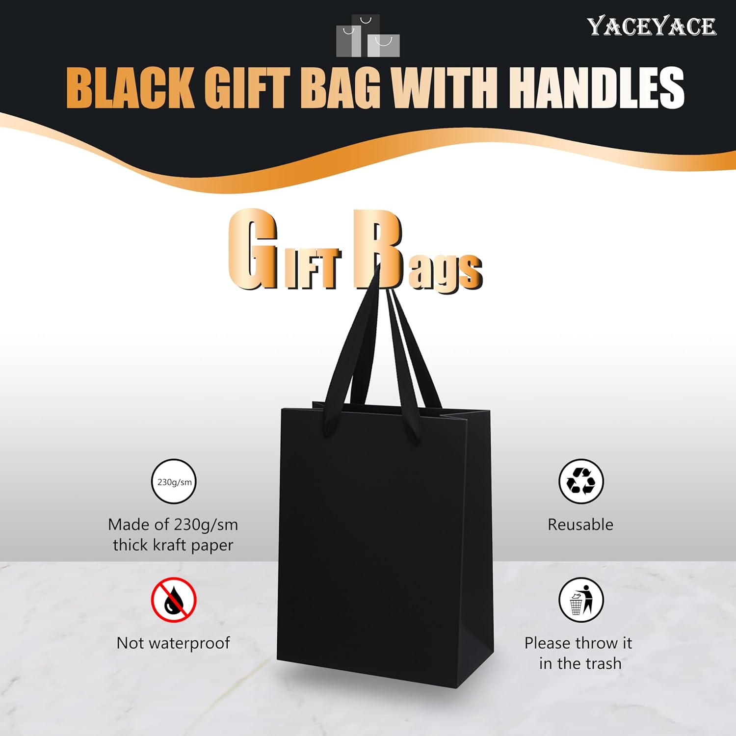 YACEYACE Black Paper Bags, 20Pack Medium Gift Bags with Ribbon Handles, Black Kraft Paper Bag Bulk, 8"x10" Gift Wrap Bag for Birthday, Party, Retail