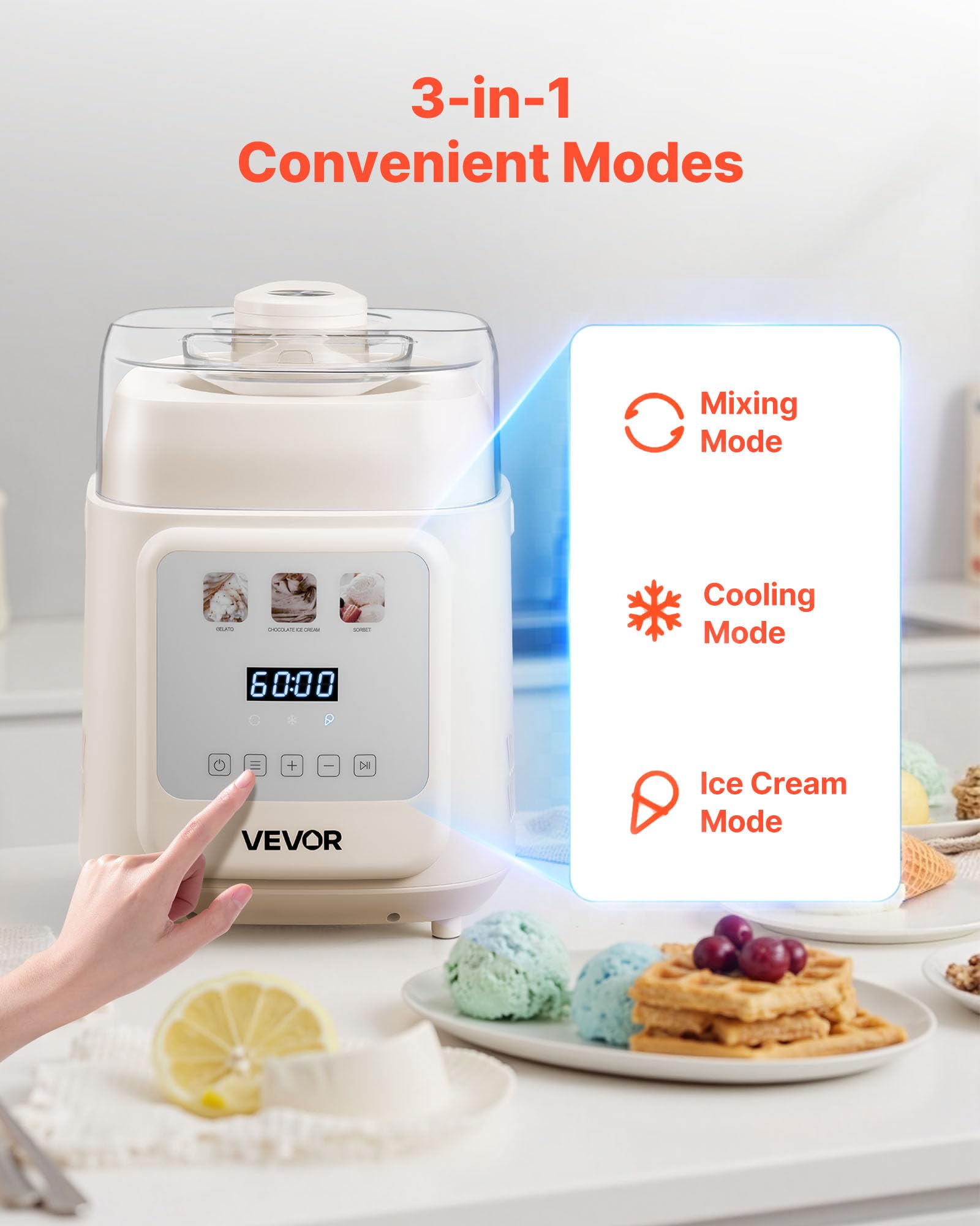 VEVOR Gelatiera Automatica Verticale con Compressore Integrato, Macchina per Gelato Senza Precongelamento da 1 L Sorbettiera Elettrica a 4 Modalità, Macchina per Gelato con Compressore per Casa