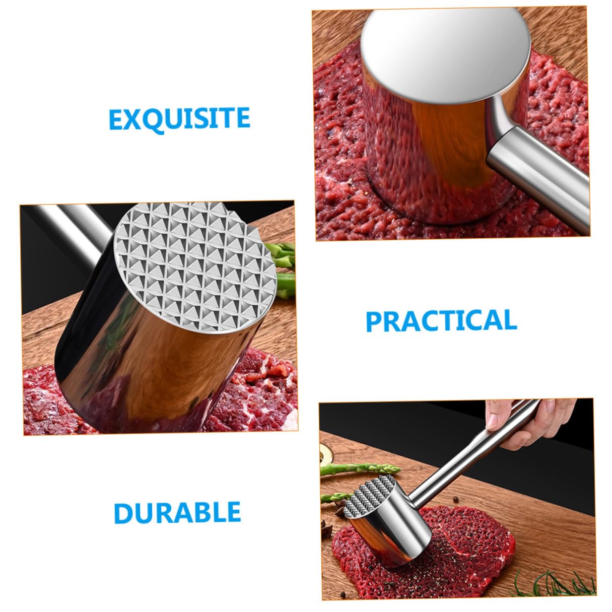 Multifunktionaler Fleischklopfer aus Hochwertigem Edelstahl Doppelseitiger Fleischhammer mit Nadel und Glatter Fläche zum Zartmachen von Steak Huhn und Schweinefleisch Ergonomisch