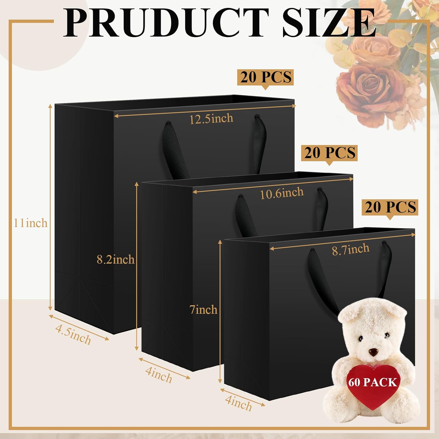 Lincia 60 Pcs Black Paper Bags with Handles, Assorted Sizes Large 11", Medium 8", Small 7" Black Gift Bags Bulk for Retail, Party, Birthday, Gift, Shopping, Business, Merchandise - Image 2