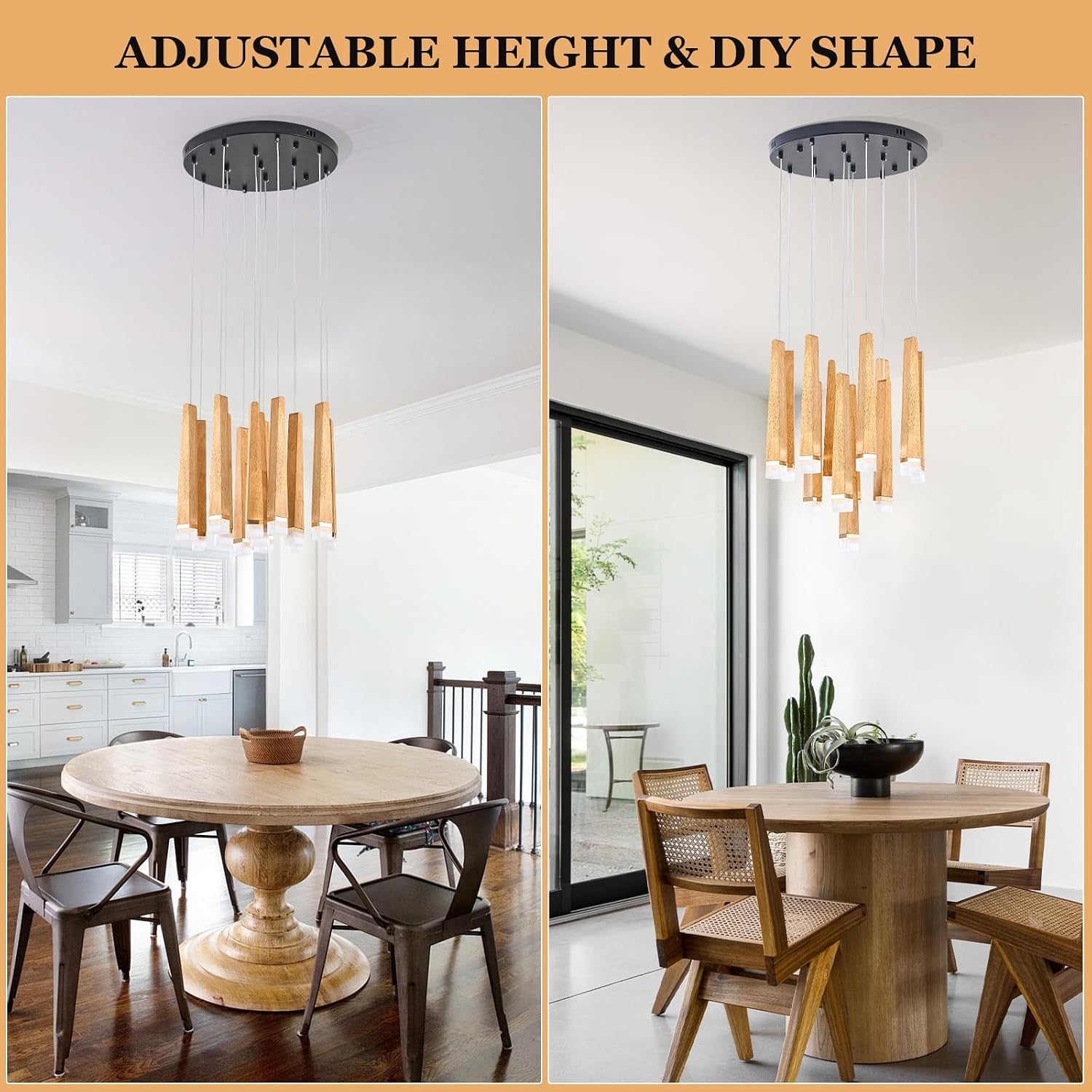 Farmhouse Wood LED Chandelier, Rustic 13-Lights Wood Strip Hanging Pendant Lights with Black Metal Adjustable Height Kitchen Island Lighting for Dining Room Over Table Bedroom Entryway Living Room
