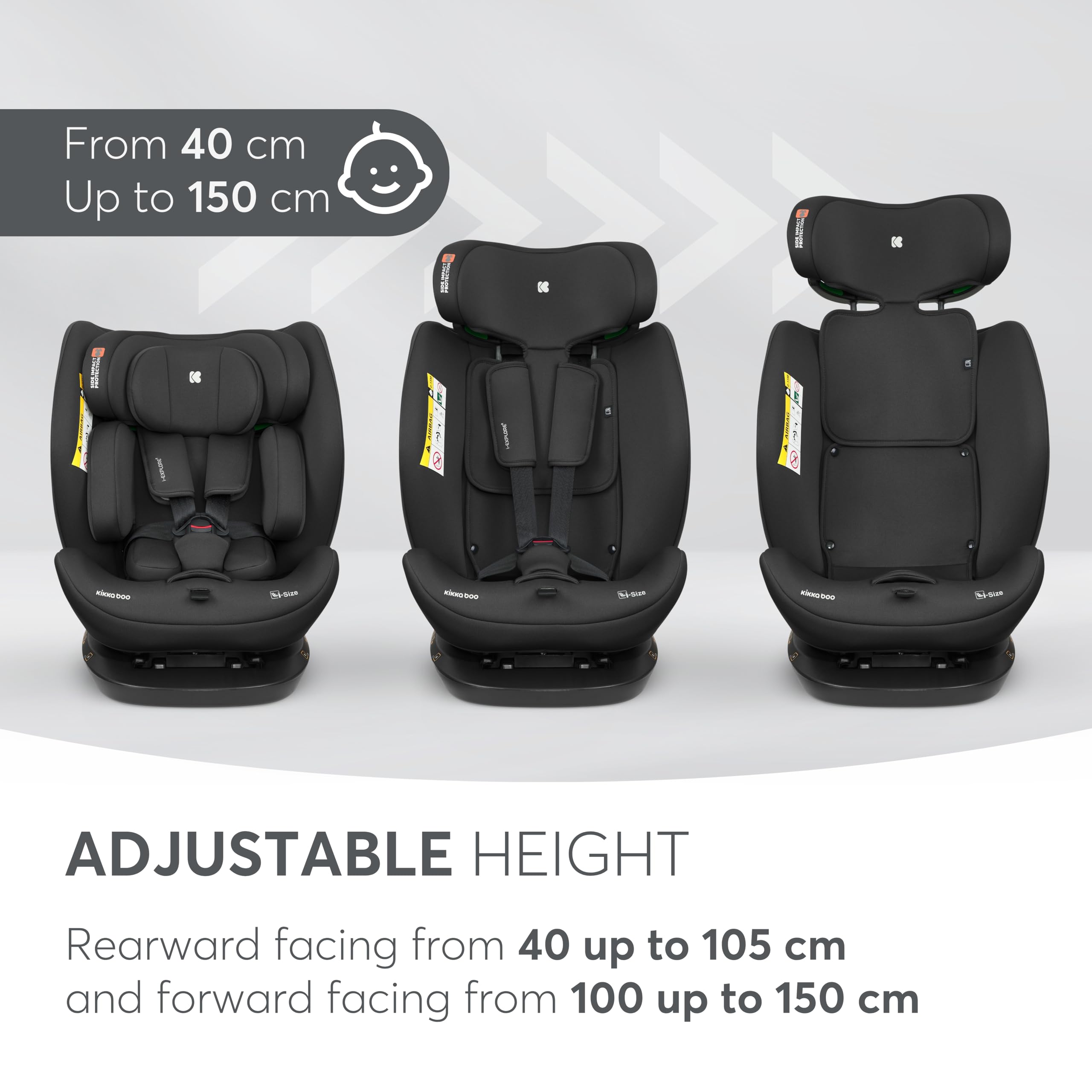 KikkaBoo Seggiolino Auto 0–36 kg Reclinabile i-EXPLORE 2, Gruppo 0 1 2 3, Girevole Avanti e Indietro, Imbracatura a 5 Punti, 40–150 cm, Nero
