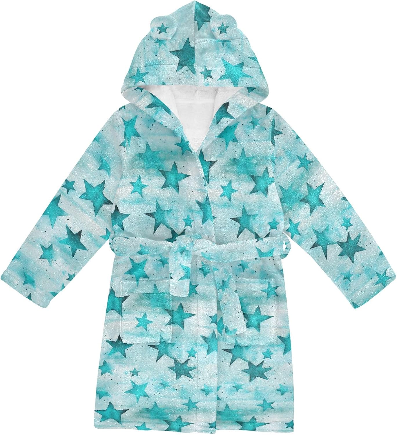 Blue Star Pattern Toddler Hooded Bathrobe for Boys Girls Soft Plush Bath Towel Robe 2-12 Years