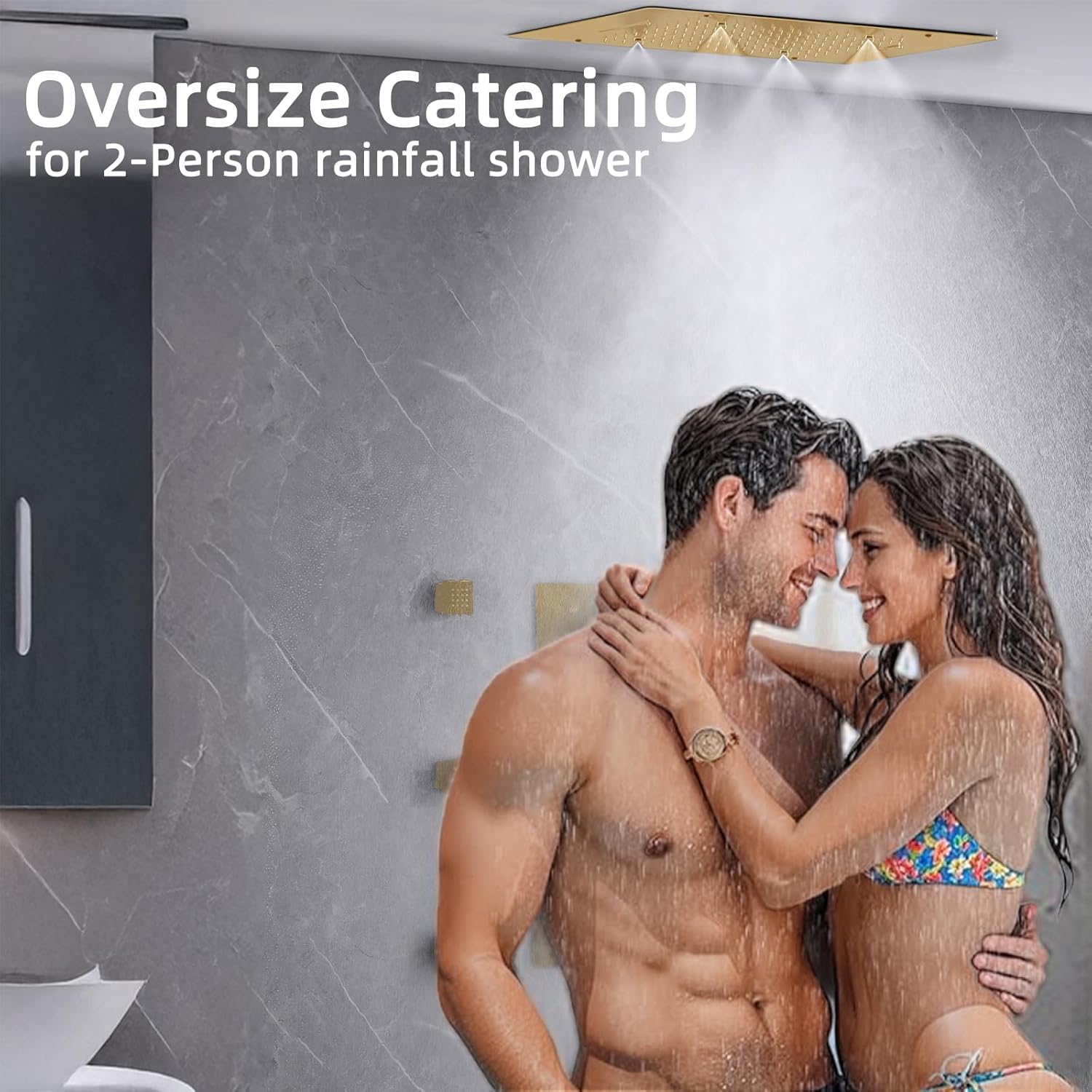 Brushed Gold Waterfall Shower System 3 In 1 Multi Function Rainfall Ceiling 16 X 24 Inch Luxury Shower Head Brass 5-Way Thermostatic handle Faucet Valve with Handheld Full Body 6 Jet set