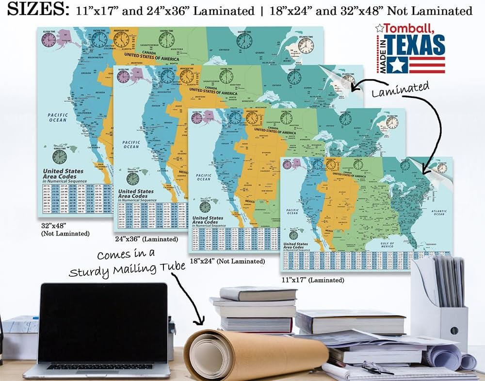 Lone Star Art Time Zone Map USA Laminated 24x36 Poster – United States Wall Chart with Area Codes and Clocks – Durable Glossy North America Map for Office Classroom Planning Reference and Wall Décor