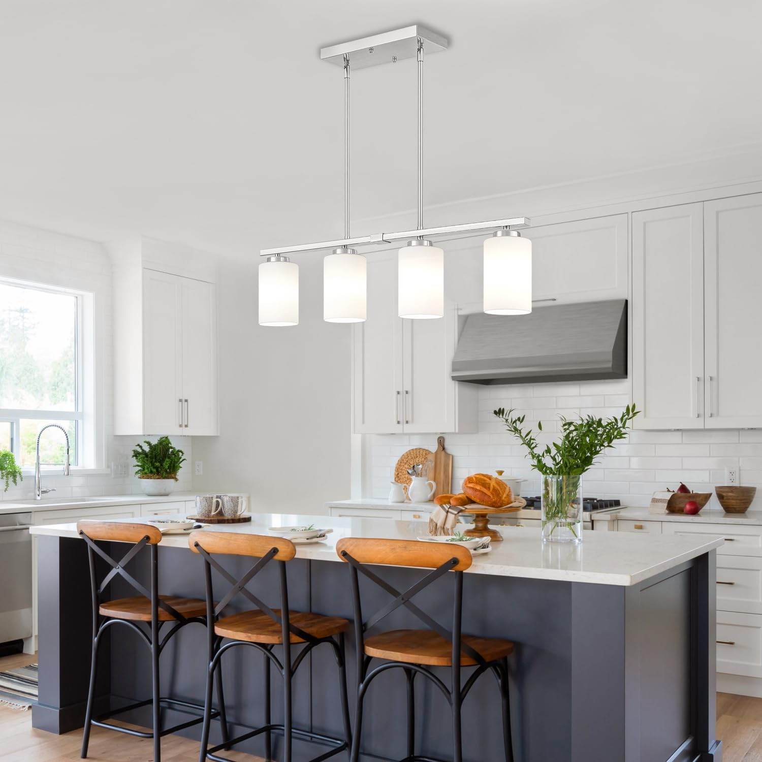 Brushed Nickel Island Lights for Kitchen, 4-Light Dining Room Light Fixtures Modern Linear Chandeliers Over Table White Frosted Glass Adjustable Hanging Lights Kitchen Pendant Lighting Over Island