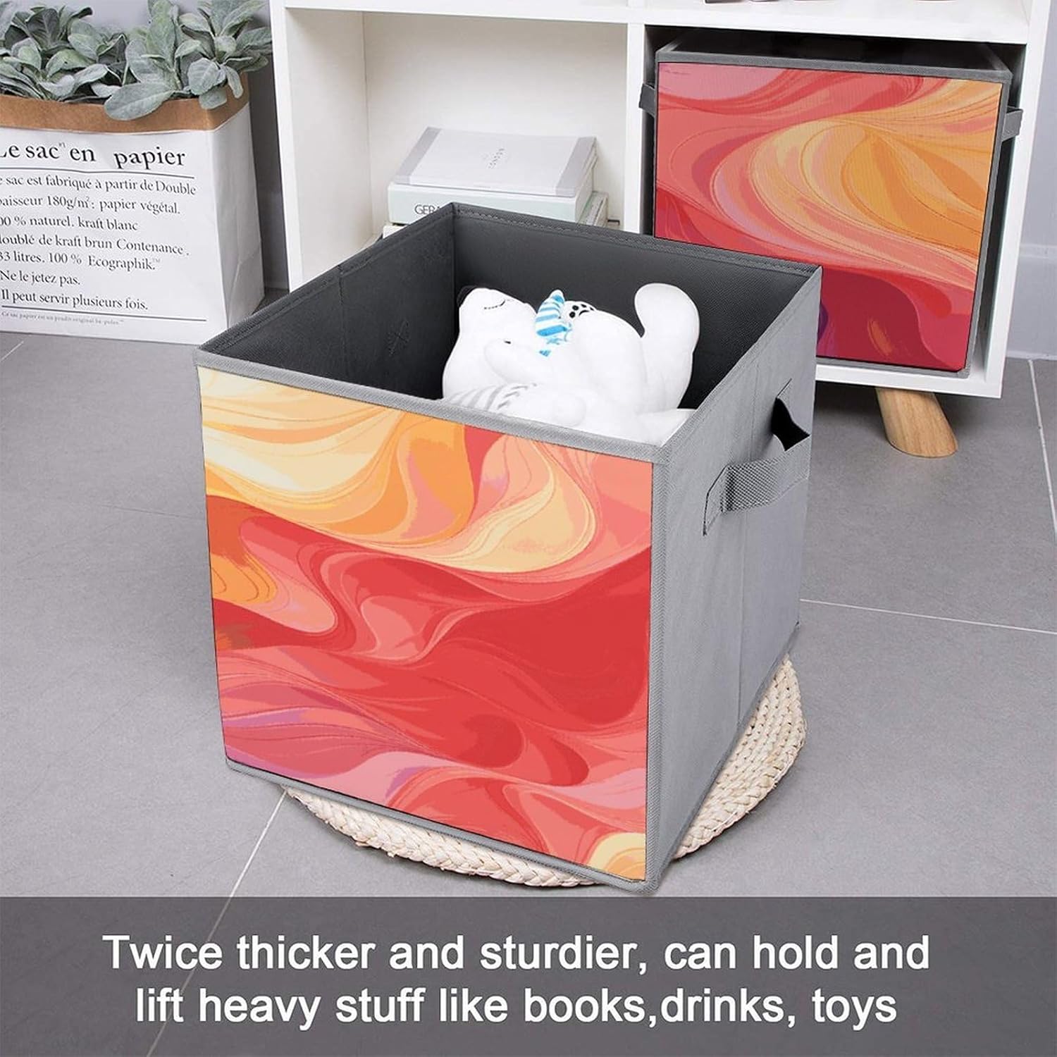 Rainbow Color Abstract Illustration Storage Cubes Set of 6 Storage Bins with Handles Collapsible Storage Basket Fabric Storage Box for Shelves Large Closet Shelf Organizer for Organization 11 Inch