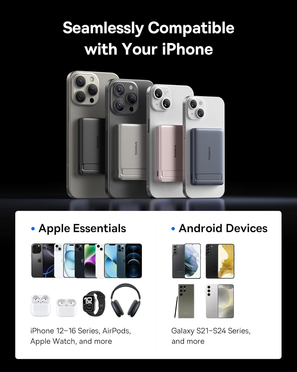 Baseus Picogo Power Bank showing compatibility with various iPhone and Android models