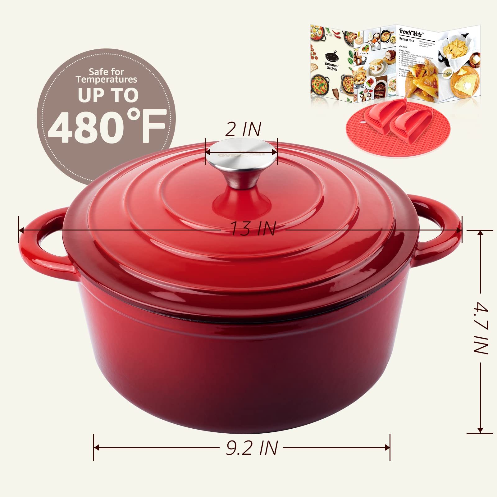 Overmont 5QT Enameled Cast Iron Dutch Oven with Lid Cookbook Heavy-Duty Non-stick Casserole with Dual handles for Braising, Stews, Roasting, Bread Baking